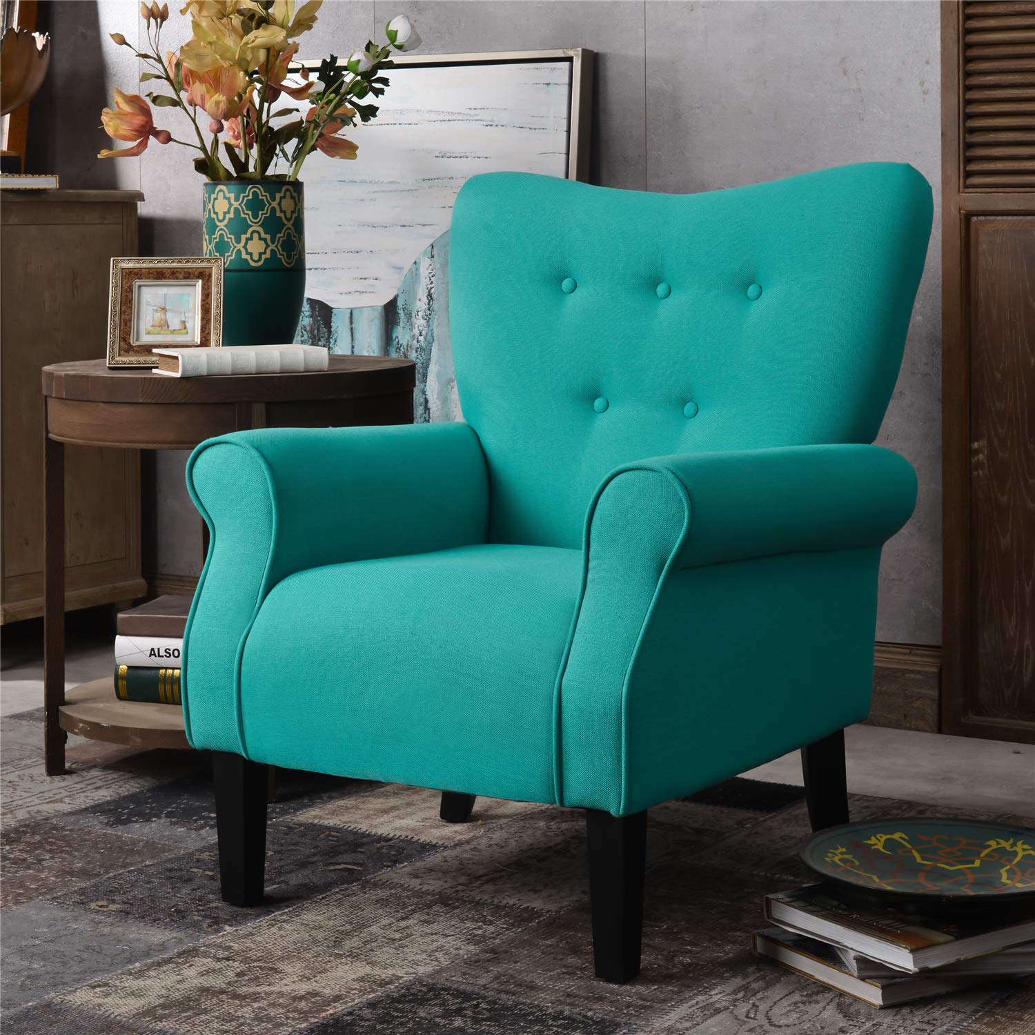 Henf Wing Back Accent Chair - Roll Arm Upholstered Linen Living Room Chair with Solid Wood Legs, Fireside Chaise Lounge Armchair for Living Room, Bedroom & Office | Comfortable Seating for Reading Nook, Cozy Corner & Home Decor
