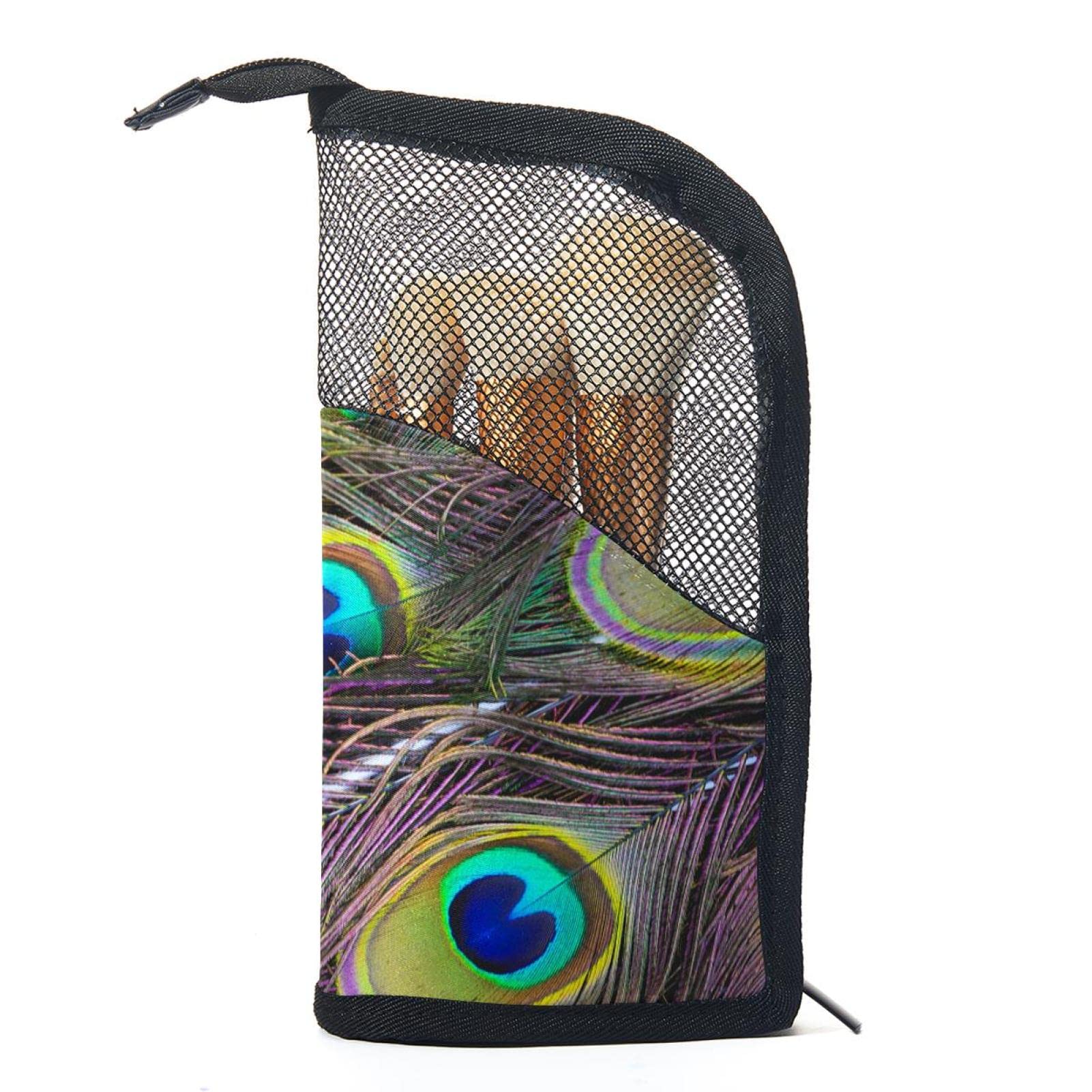 Premium 12-Piece Makeup Brush Organizer Bag with Feather Texture Peacock Design - Portable Travel Cosmetic Brush Holder Case for Professional Artists & Home Vanity Use