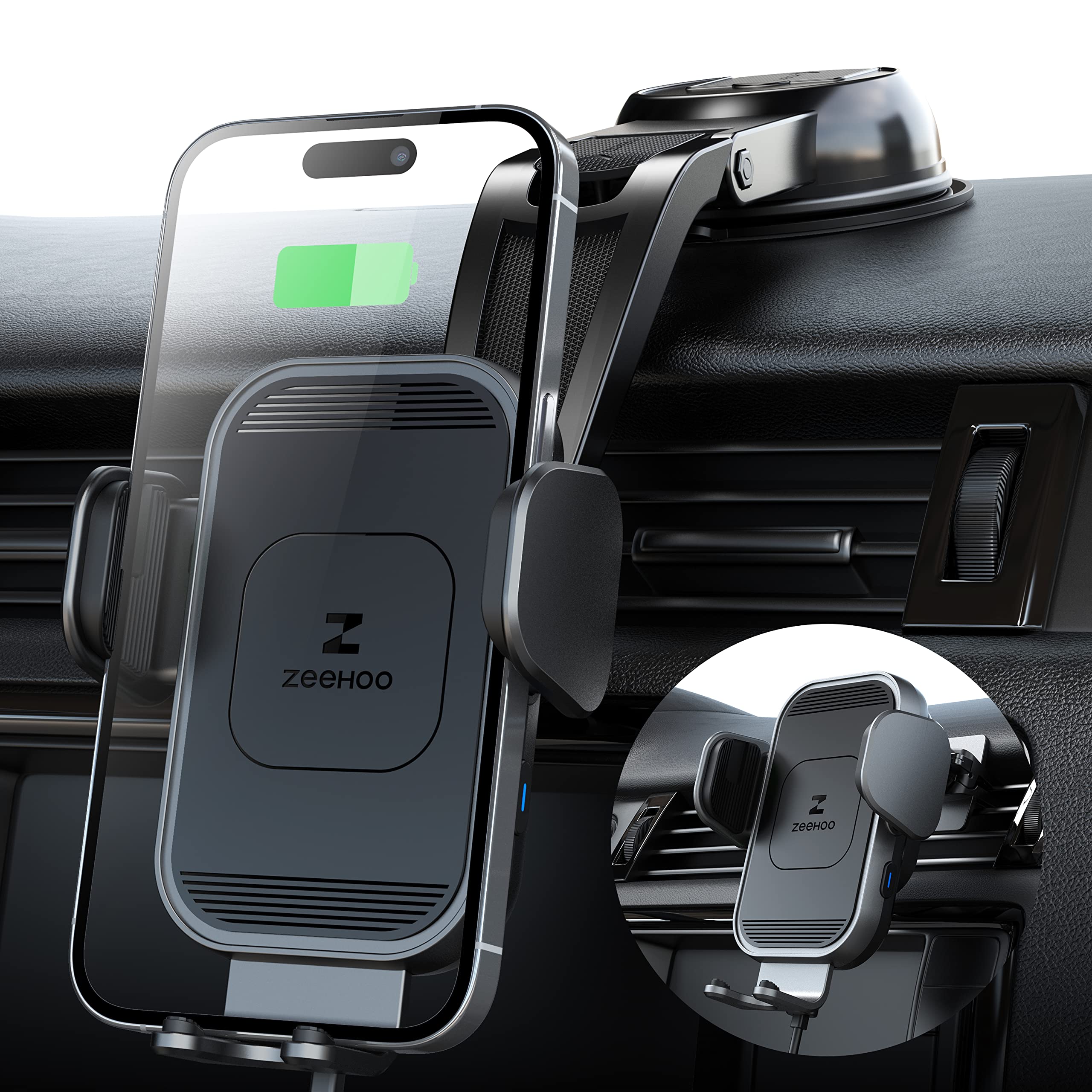 ZEEHOO 15W Fast Wireless Car Charger - Auto Clamping Phone Mount Holder for iPhone 15/14/13/12/11 Pro Max/XS & Samsung Galaxy S23+/S22 (Grey) | Secure Charging While Driving, Perfect for Commuters & Road Trips