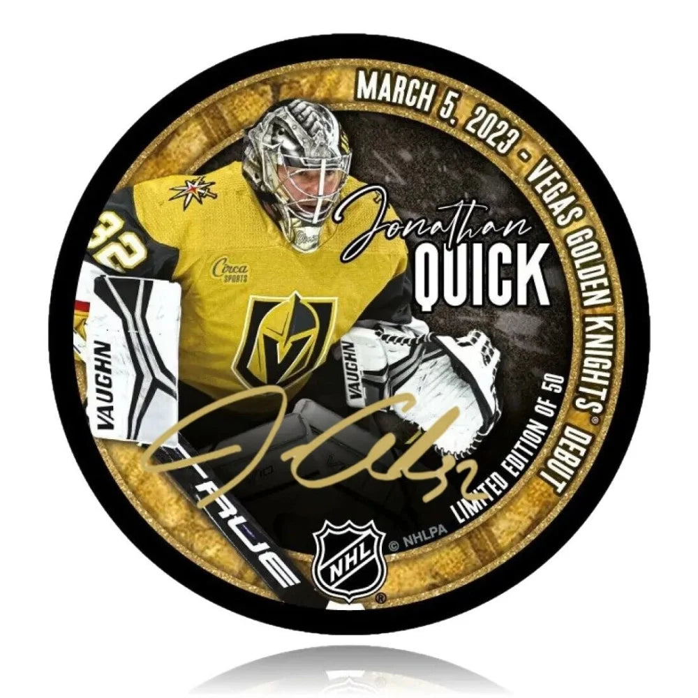 Jonathan Quick Autographed Vegas Golden Knights Debut Hockey Puck #D/32 Signed - Limited Edition Collectible for Hockey Fans & Memorabilia Enthusiasts - Perfect for Display, Gifts, and Sports Collections