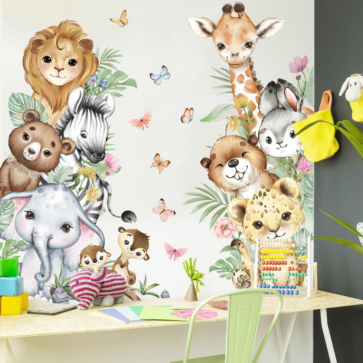 Removable Watercolor Jungle Animal Wall Decals - Tiger, Elephant, Giraffe, Zebra & Lion Stickers for Nursery, Playroom, Bedroom & Classroom Decor | Perfect for Kids' Rooms, Kindergarten & Home Décor
