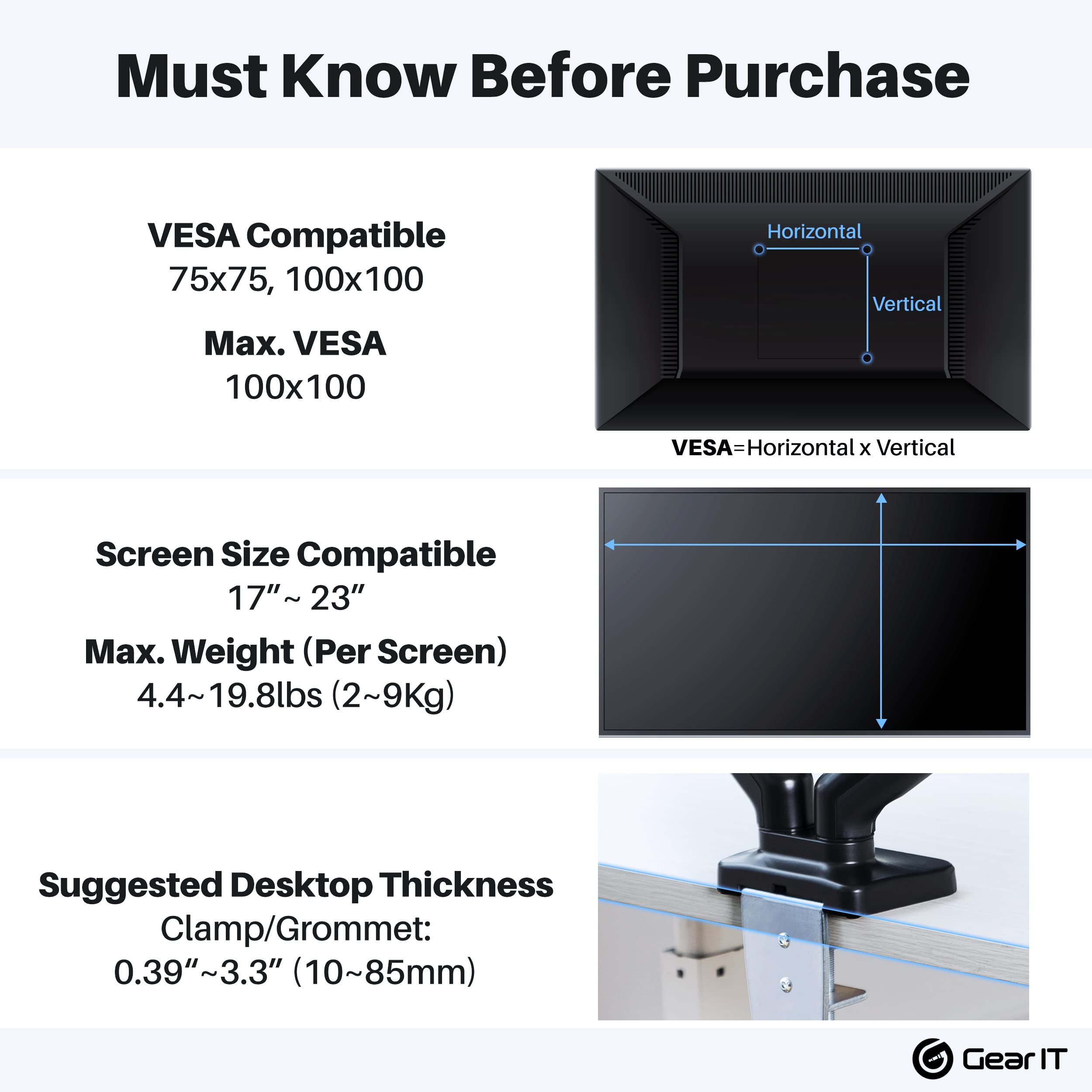GEARit Dual Monitor Stand for 13-32 Inch Screens up to 19.8 lbs - Adjustable Gas Spring Arm with VESA 75x100/100x100mm Mount - Tilt, Swivel & Rotate for Home Office & Gaming Setup