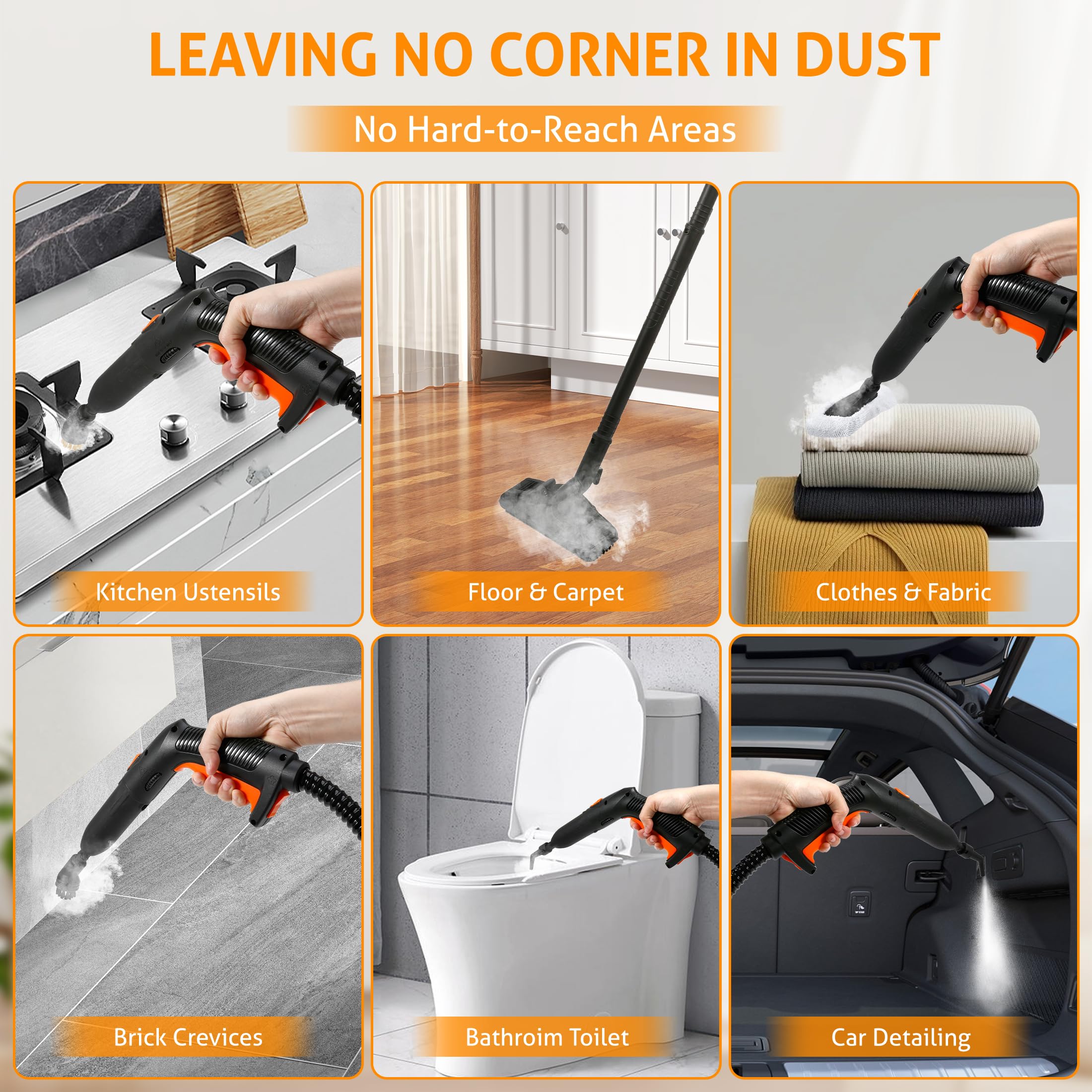 WICHEMI 1800W Handheld Steam Cleaner for Car & Home - 1800ML Large Water Tank, High Temperature Steam for Deep Cleaning Carpets, Upholstery, Ironing Clothes | Perfect for Car Detailing, Home Sanitizing & Garment Care