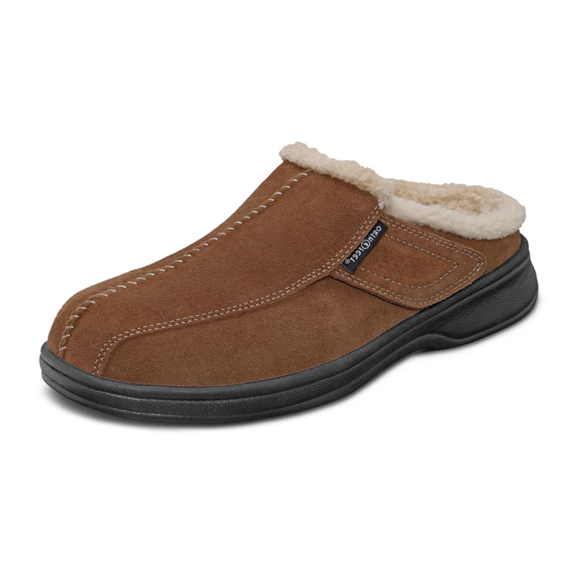 Orthofeet Asheville Men's Comfort Slippers for Arthritis & Diabetic Foot Pain Relief - Brown Leather Orthopedic House Shoes for Indoor & Outdoor Use