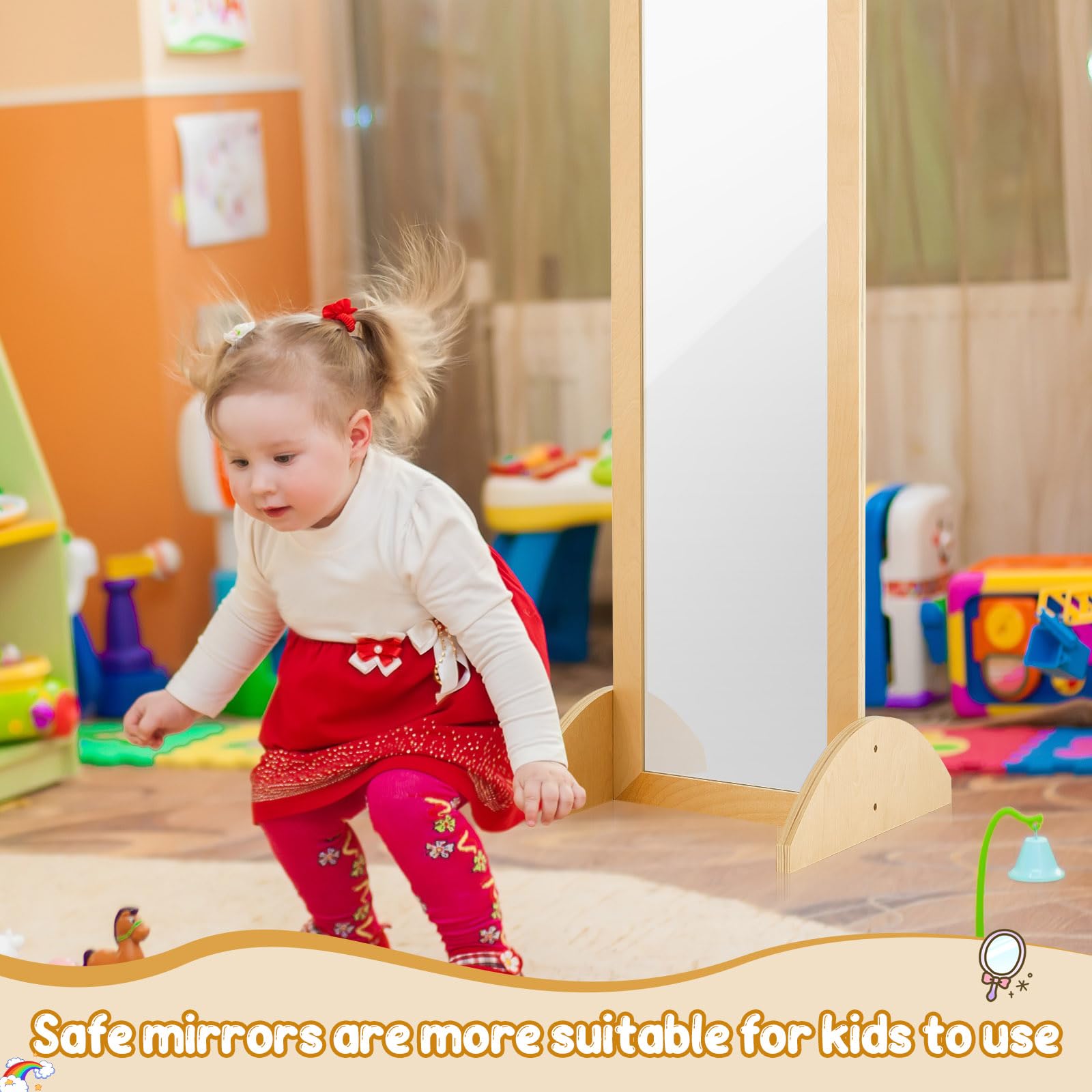 Double-Sided Bi-Directional Montessori Baby Mirror – Shatterproof Acrylic Non-Glass Infant Toddler Learning Mirror with Wooden Frame for Early Walking Development | Safe Nursery Decor & Playroom Activity