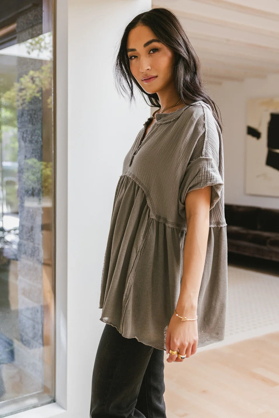 Niki Exposed Seam Top in Sage Green - Women's Fashion Casual Blouse for Summer Outfits & Date Nights | Final Sale