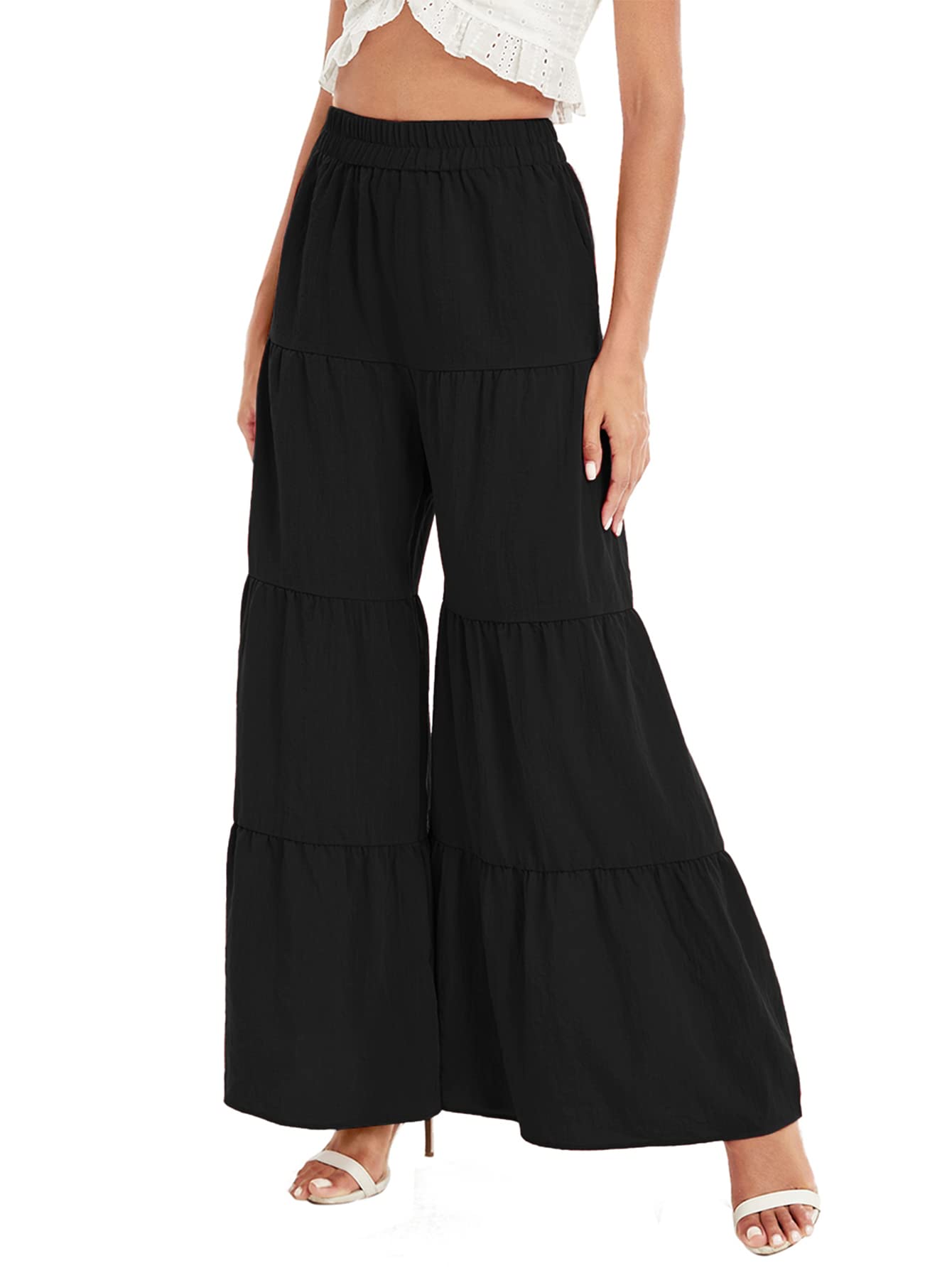 Floerns Women's Boho High Waisted Palazzo Pants - Beach Ruffle Wide Leg Flowy Lounge Pants for Summer Vacation, Yoga, and Casual Outfits