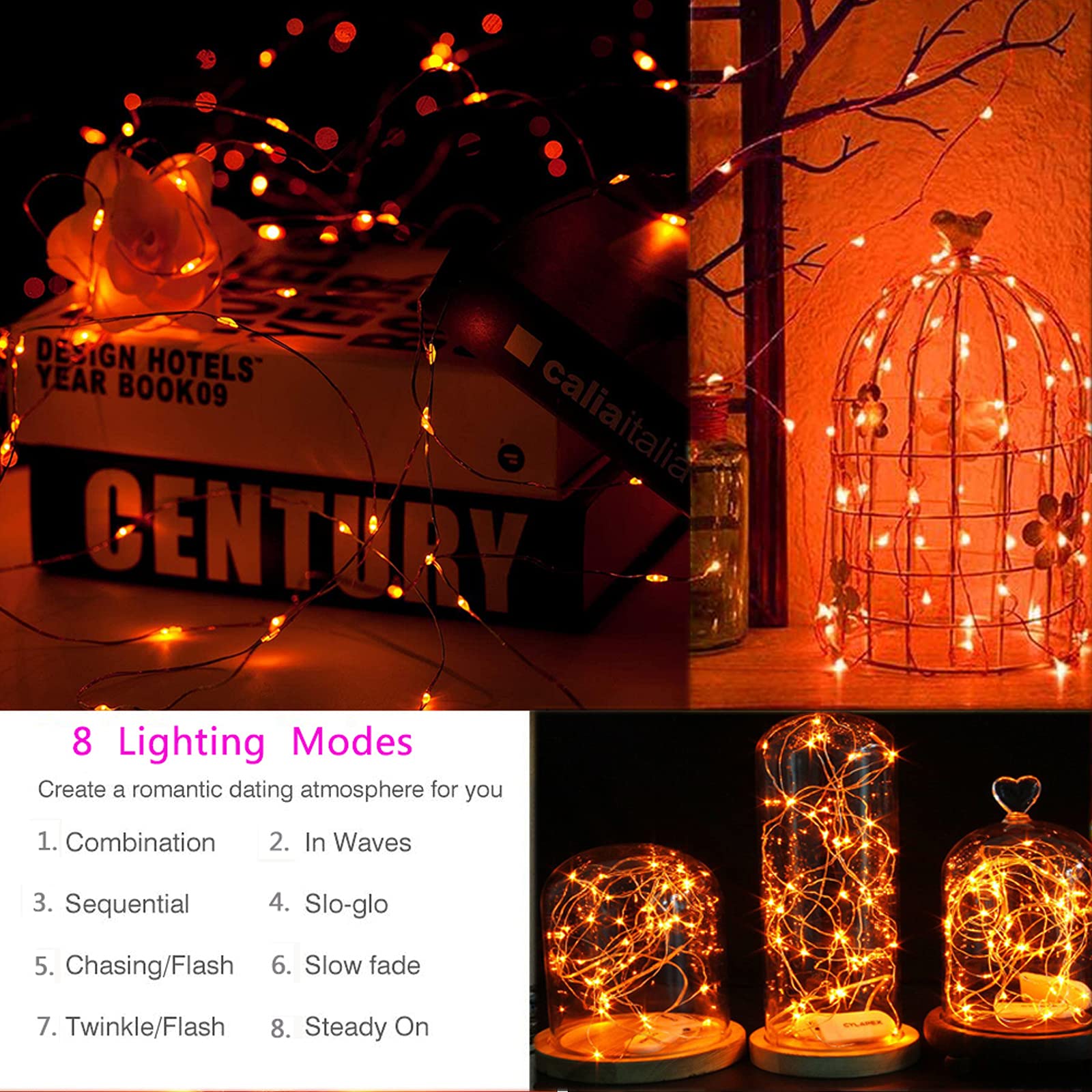 LYHOPE Orange Halloween Lights - 2 Pack 33ft 100 LED Battery Operated String Lights with Remote, Waterproof 8 Modes Copper Wire for Halloween Party, Carnival, Holiday Decorations - Perfect for Indoor/Outdoor Home, Yard, and Event Decor