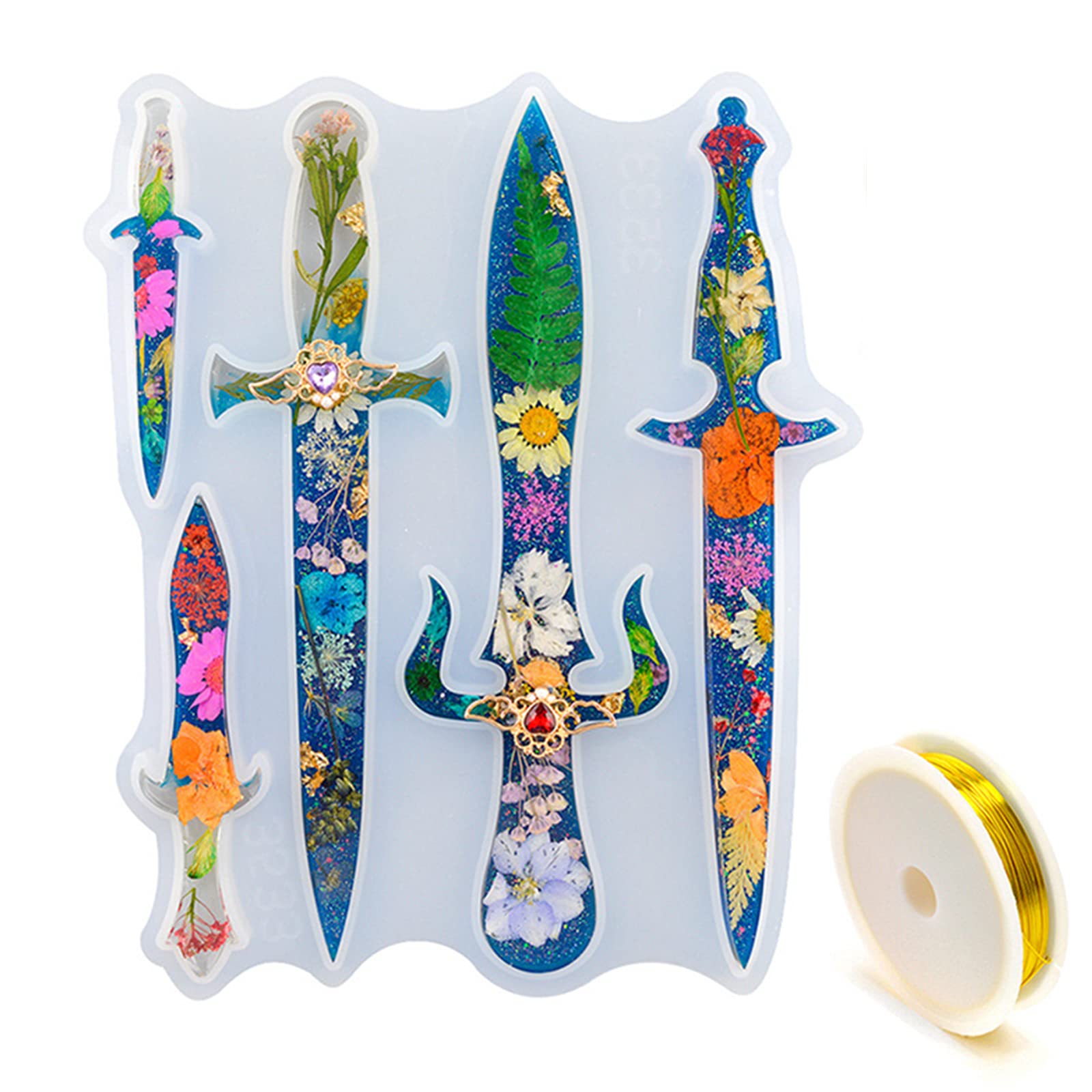 Epoxy Resin Dagger Silicone Molds - 5 Different Sword Shapes for Keychains, Jewelry & Cosplay Accessories - DIY Craft Supplies with Golden Wire for Home Decor & Gift Making
