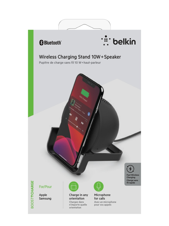 Belkin Qi 10W Wireless Charging Stand with Bluetooth Speaker - Fast Charging Pad for iPhone, Samsung & AirPods - Perfect for Home, Office & Nightstand Use