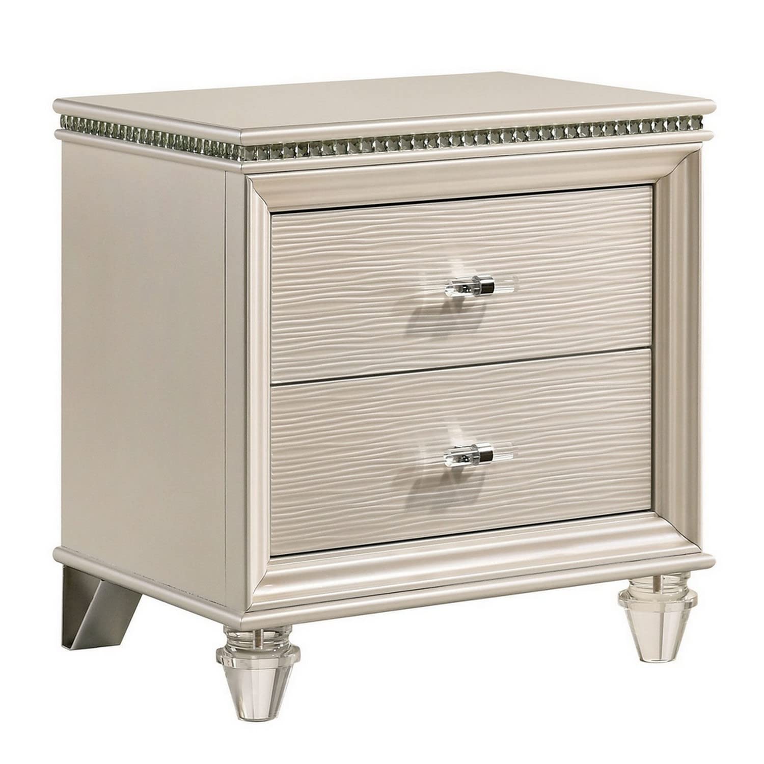 Benjara Modern Nightstand with 2 Textured Drawers & Acrylic Legs - Pearl White Bedside Table for Bedroom, Living Room, or Office Storage