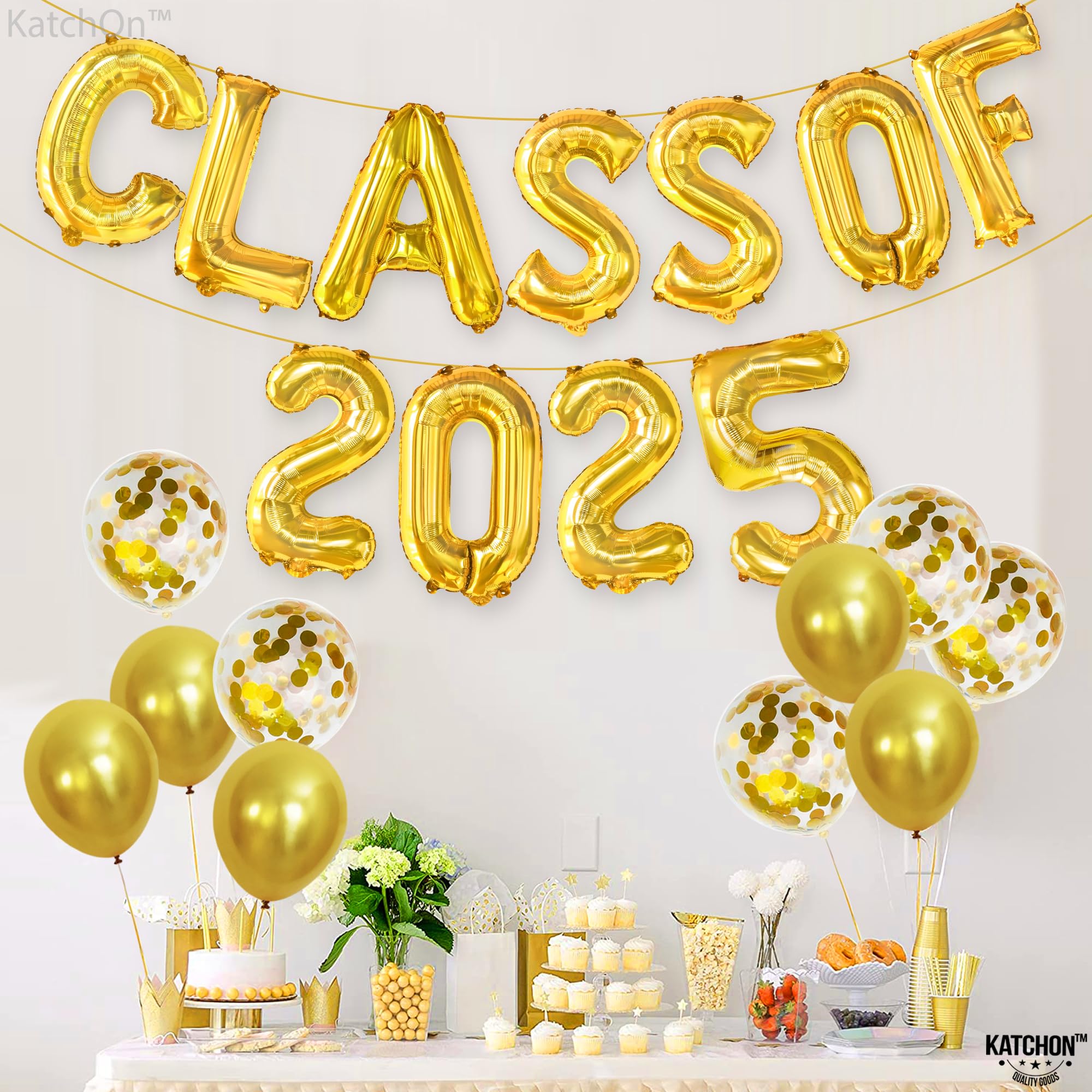 KatchOn Graduation Cap Garland - 10ft Gold & Black Class of 2025 Decor | 16in Graduation Balloons | Party Backdrop, Photo Booth & Wall Decoration for High School & College Graduation Celebrations