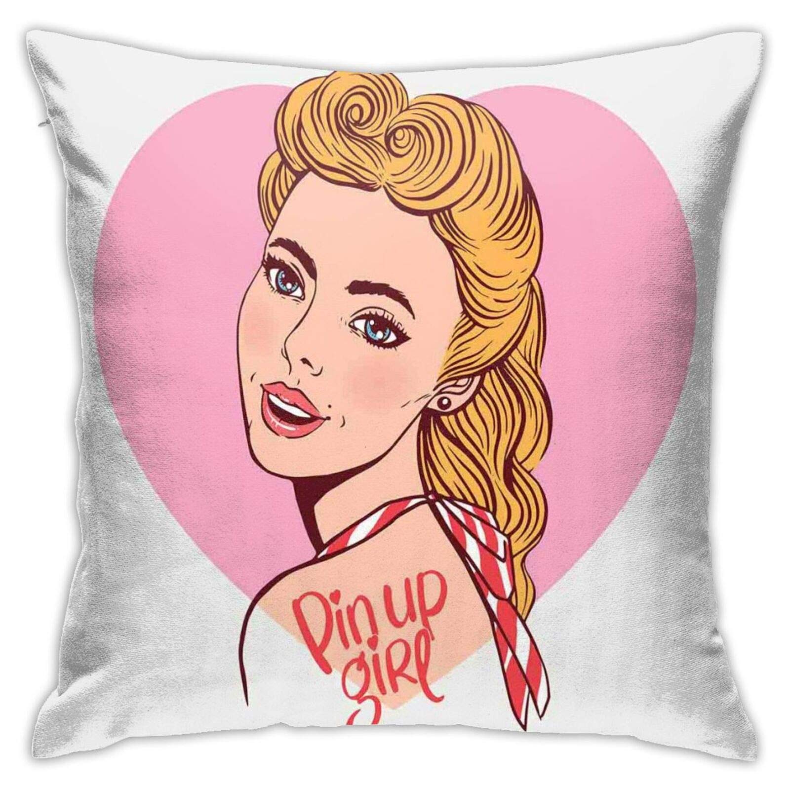 Vintage Pin Up Style Hand-Drawn Smiling Blonde Girl Throw Pillow Cover - 18x18 Inch Decorative Cushion Case for Sofa, Bedroom & Home Decor | Perfect for Living Room, Nursery & Gift Giving