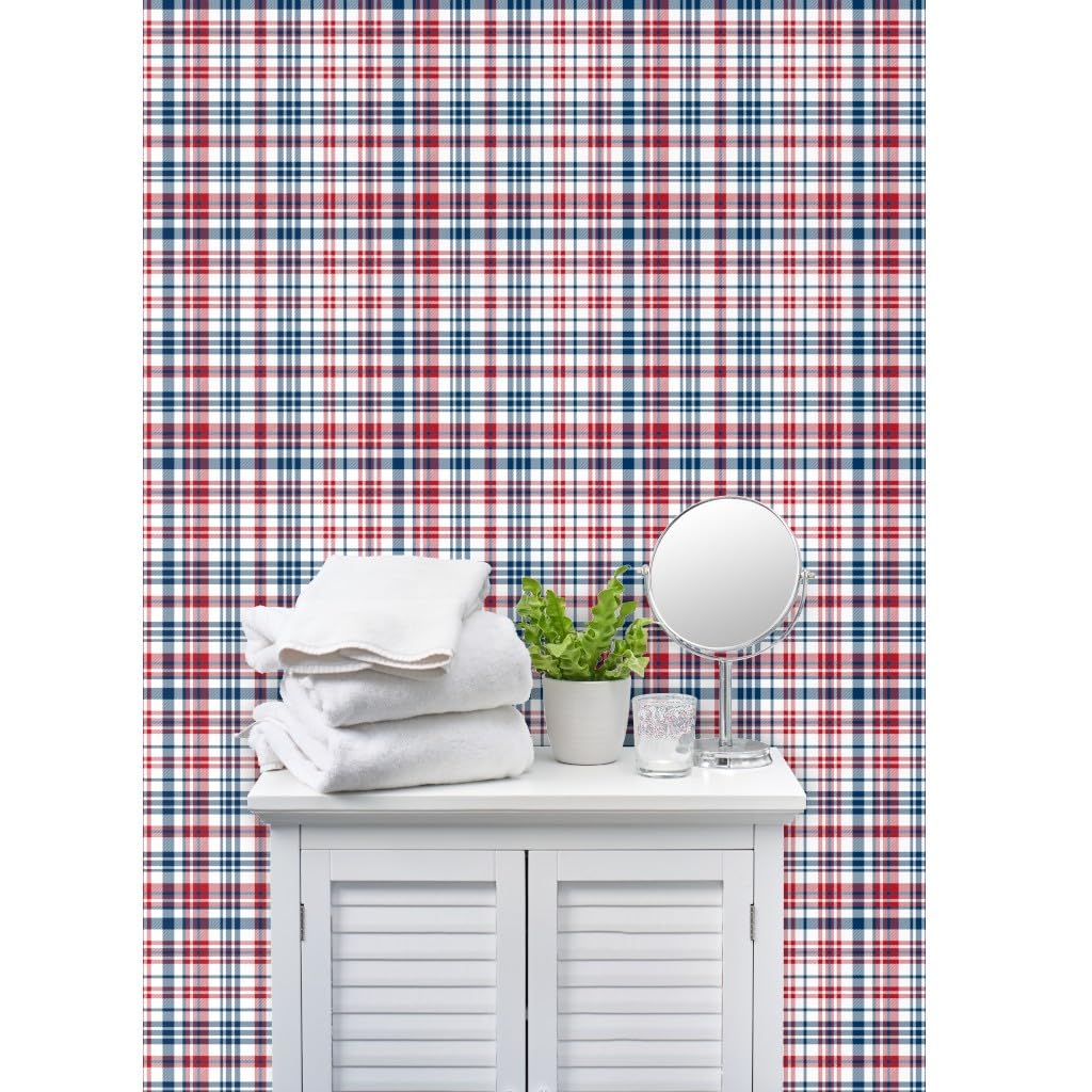 Commercial Grade Spoonflower Wallpaper 27ft x 2ft - Patriotic Plaid Navy Red USA Gingham with Stars & Stripes for July 4th Independence Day Decor | Perfect for Living Room, Bedroom, and Home Office Wall Covering