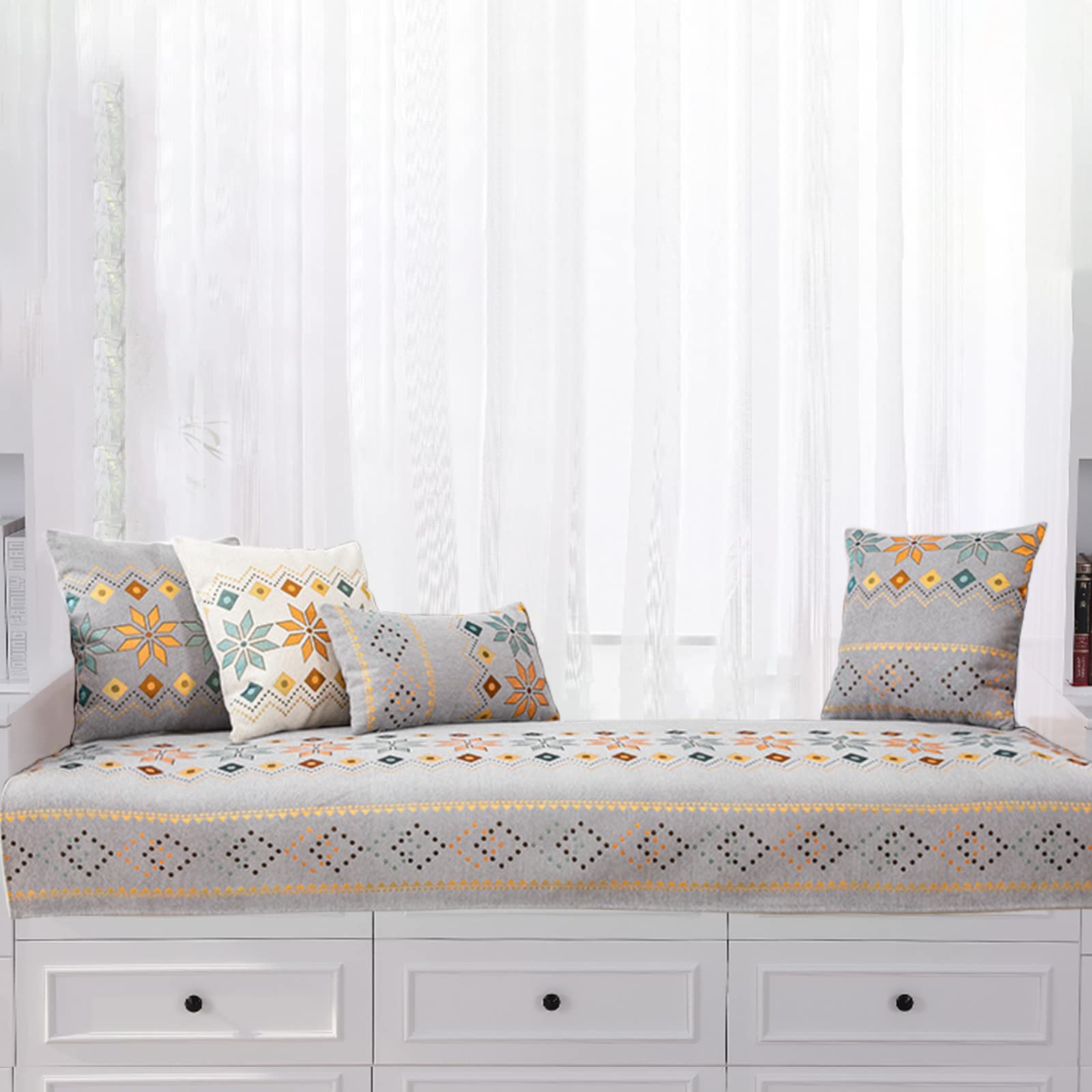 Non-Slip Boho Bay Window Cushion Pad - Chenille Window Seat Mat for Indoor Sofa, Bench & Windowsill - Bohemian Home Decor for Bedroom, Living Room & Reading Nook - Perfect for Relaxation, Meditation & Cozy Home Styling
