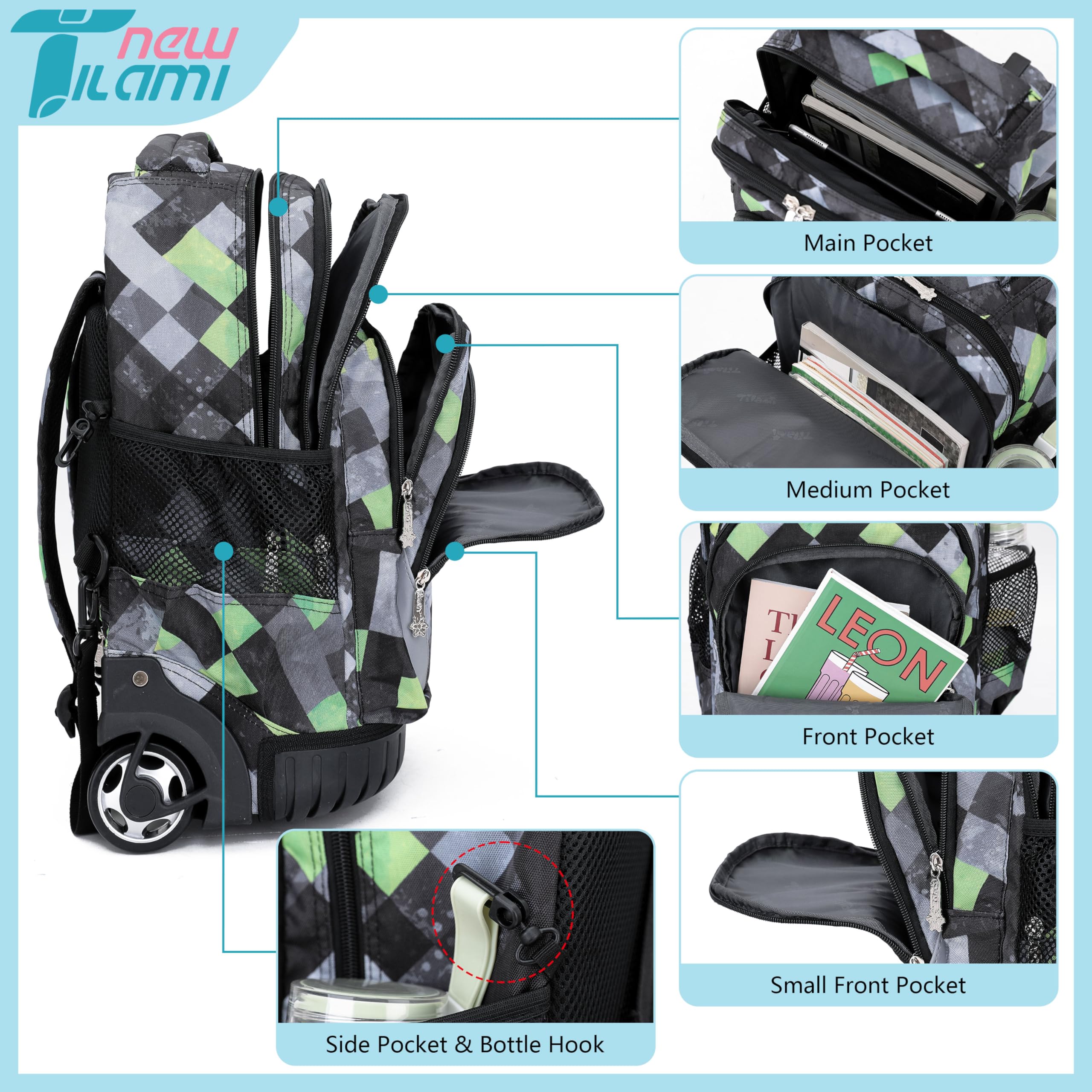 TILAMI 18 Inch Rolling Backpack for Kids - Wheeled Laptop Backpack with Extendable Handle, Durable School Backpack for Travel, College & Airplane Carry-On (Ideal for School, Commuting & Family Trips)