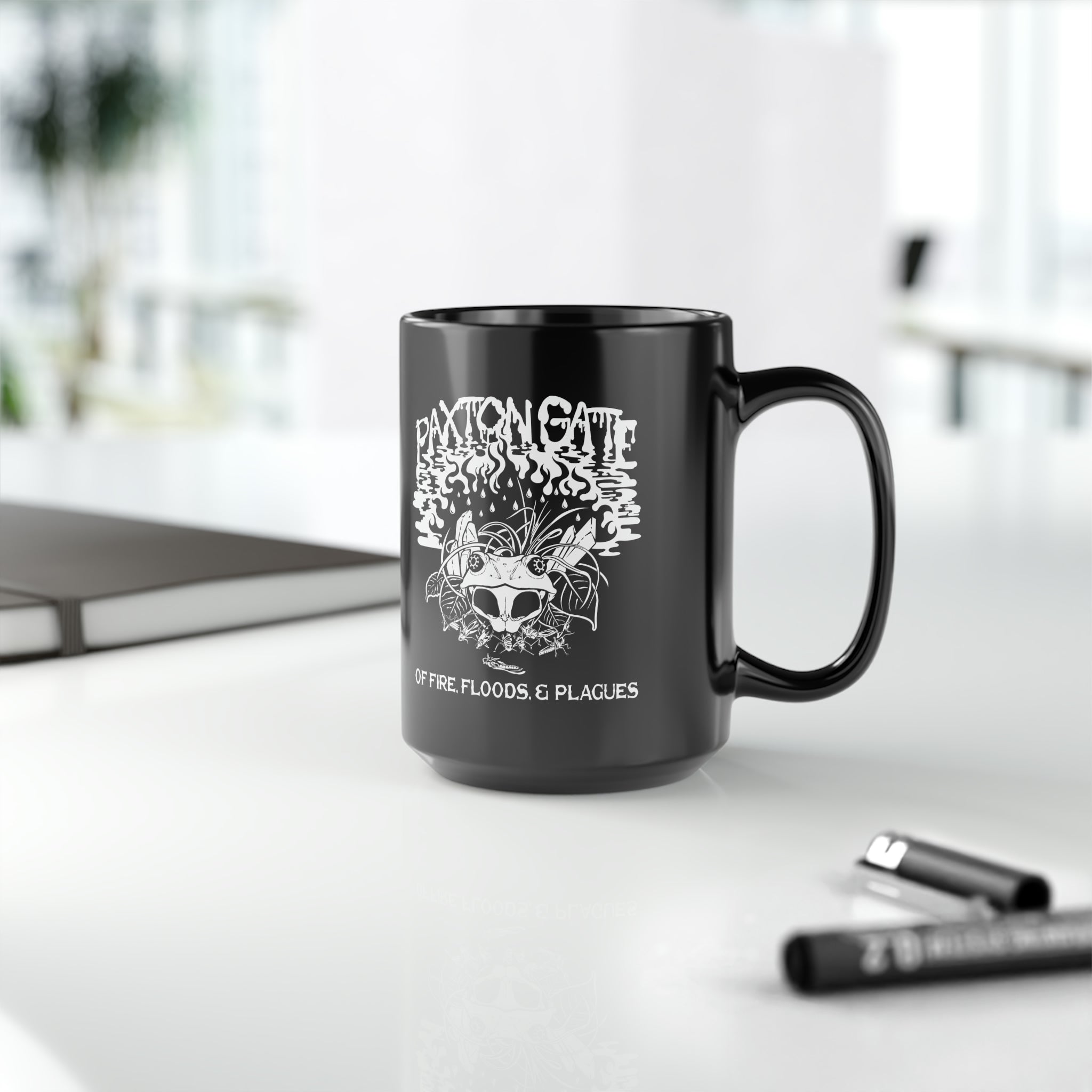 Black Fire, Floods and Plagues Ceramic Mug by Megan Lees - Unique Gothic Coffee Cup for Halloween, Dark Aesthetic Lovers & Apocalypse Themed Gifts