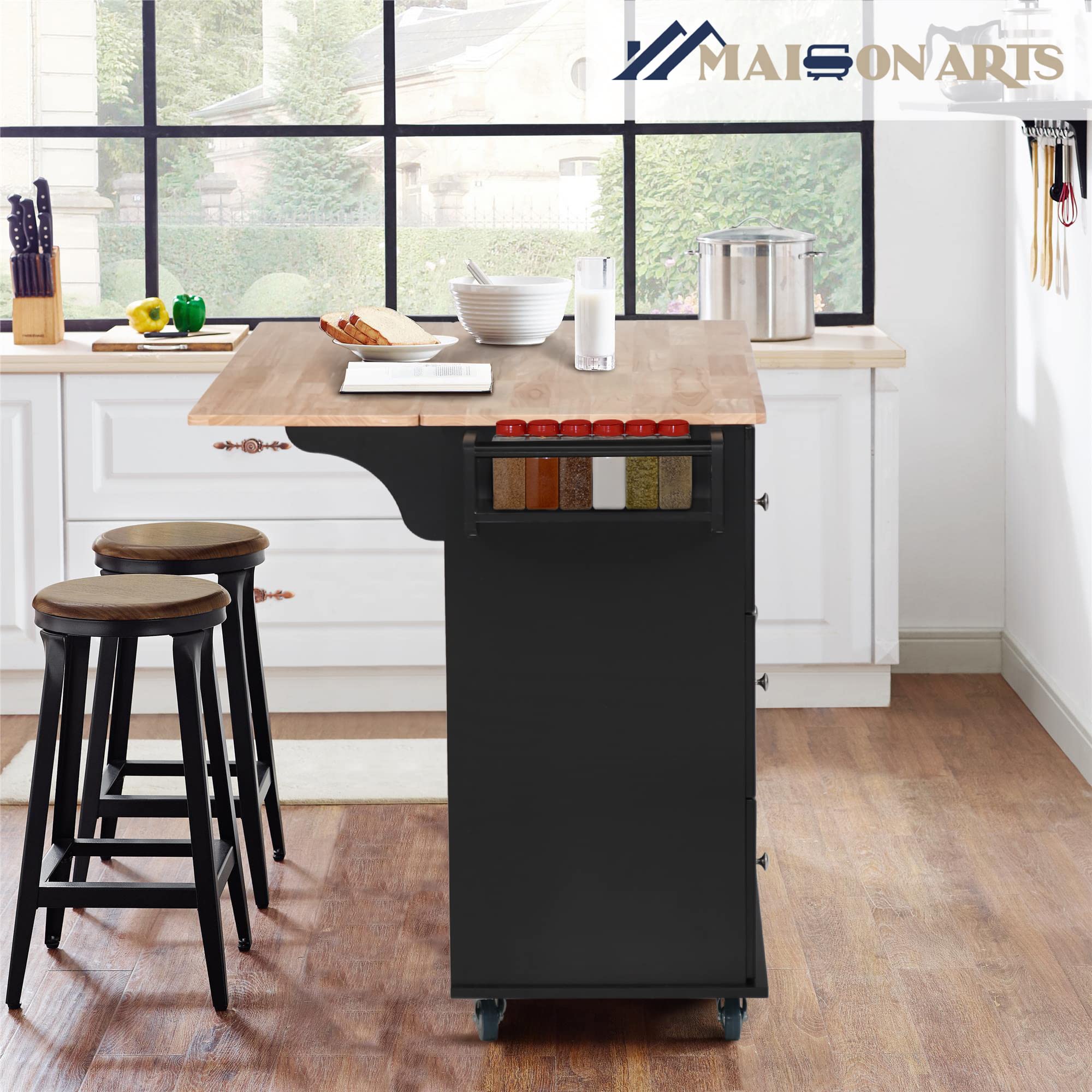 MAISON ARTS Rolling Kitchen Island Cart with Drop Leaf, 3 Drawers, Spice & Towel Rack - Mobile Storage Cabinet with Rubber Wood Countertop for Small Kitchen, Dining Room or Pantry Organization (Black) - Perfect for Extra Prep Space, Entertaining Guests & Compact Kitchen Storage
