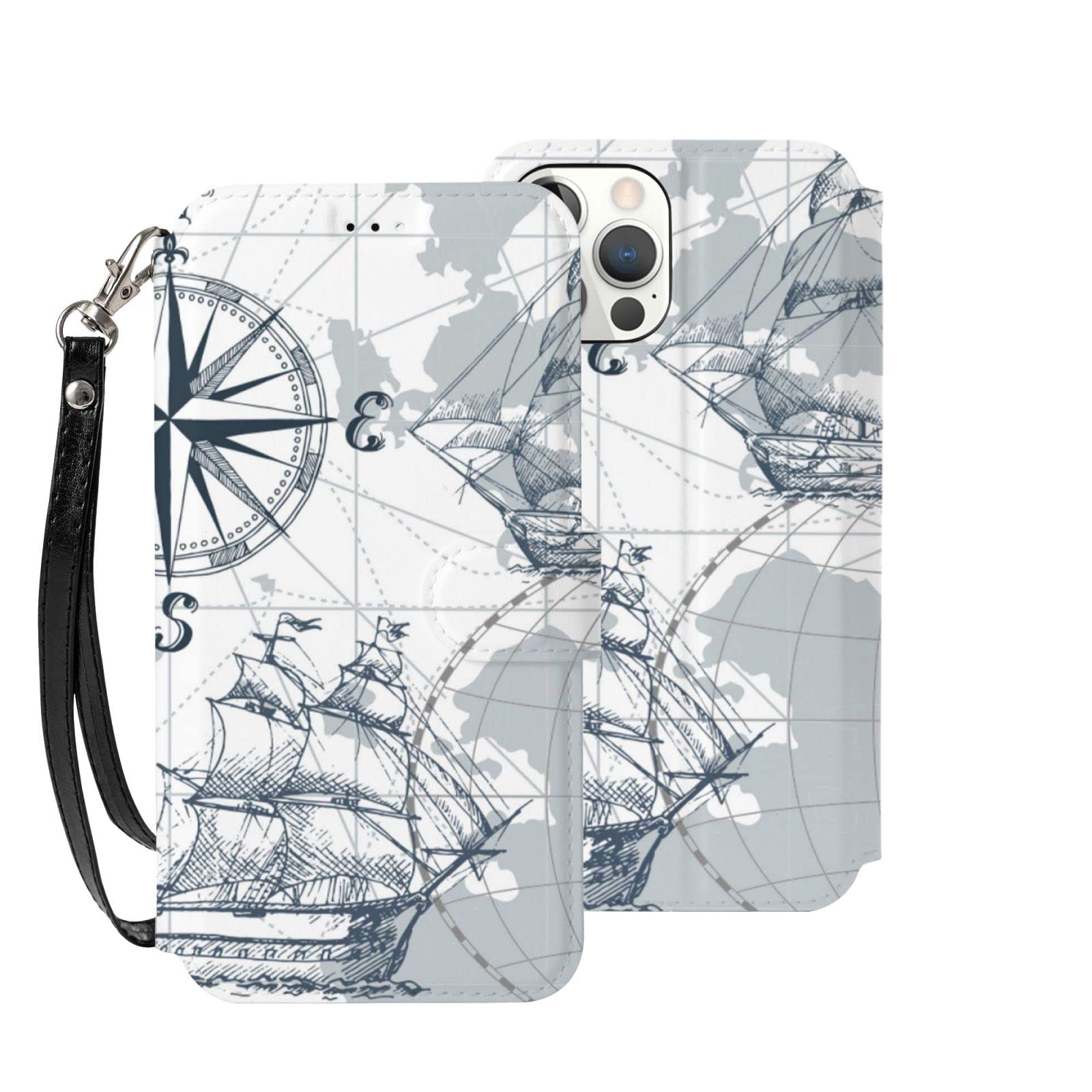 Sailboat Nautical Map Print Wallet Case for iPhone 12/12 Pro/12 Mini/12 Pro Max - PU Leather Flip Cover with Card Slots Holder - Perfect for Travel, Beach Trips and Nautical Theme Lovers