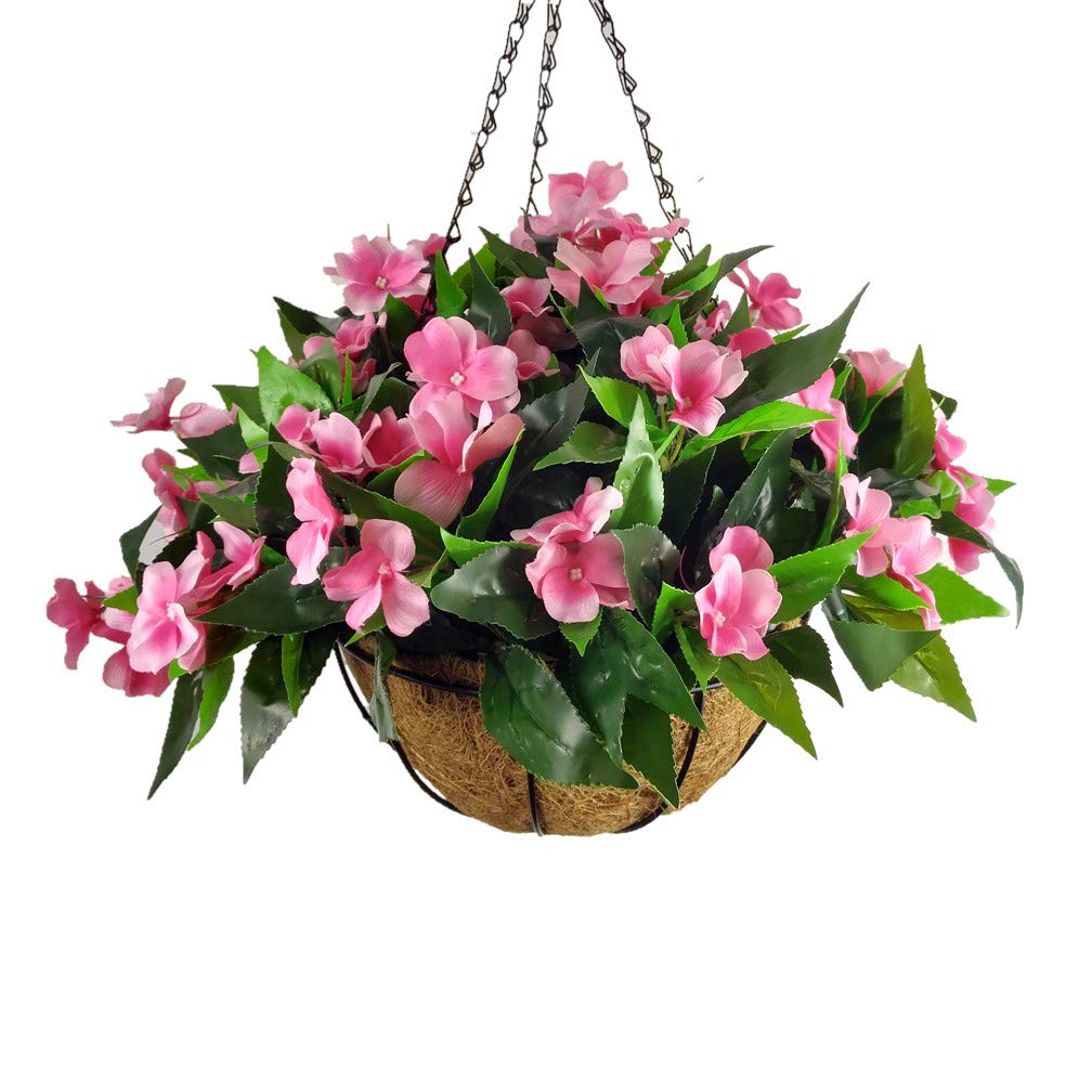 Artificial Impatiens Hanging Basket with Chain - Large Coco Planter with Silk Flowers for Indoor Home Decor | Perfect for Porch, Patio, and Window Display