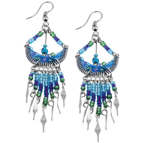 Handmade Stainless Steel Peruvian Blue Silk Thread Beaded Crescent Dangle Earrings for Women | Boho Chic Jewelry | Perfect for Festivals, Parties & Everyday Wear