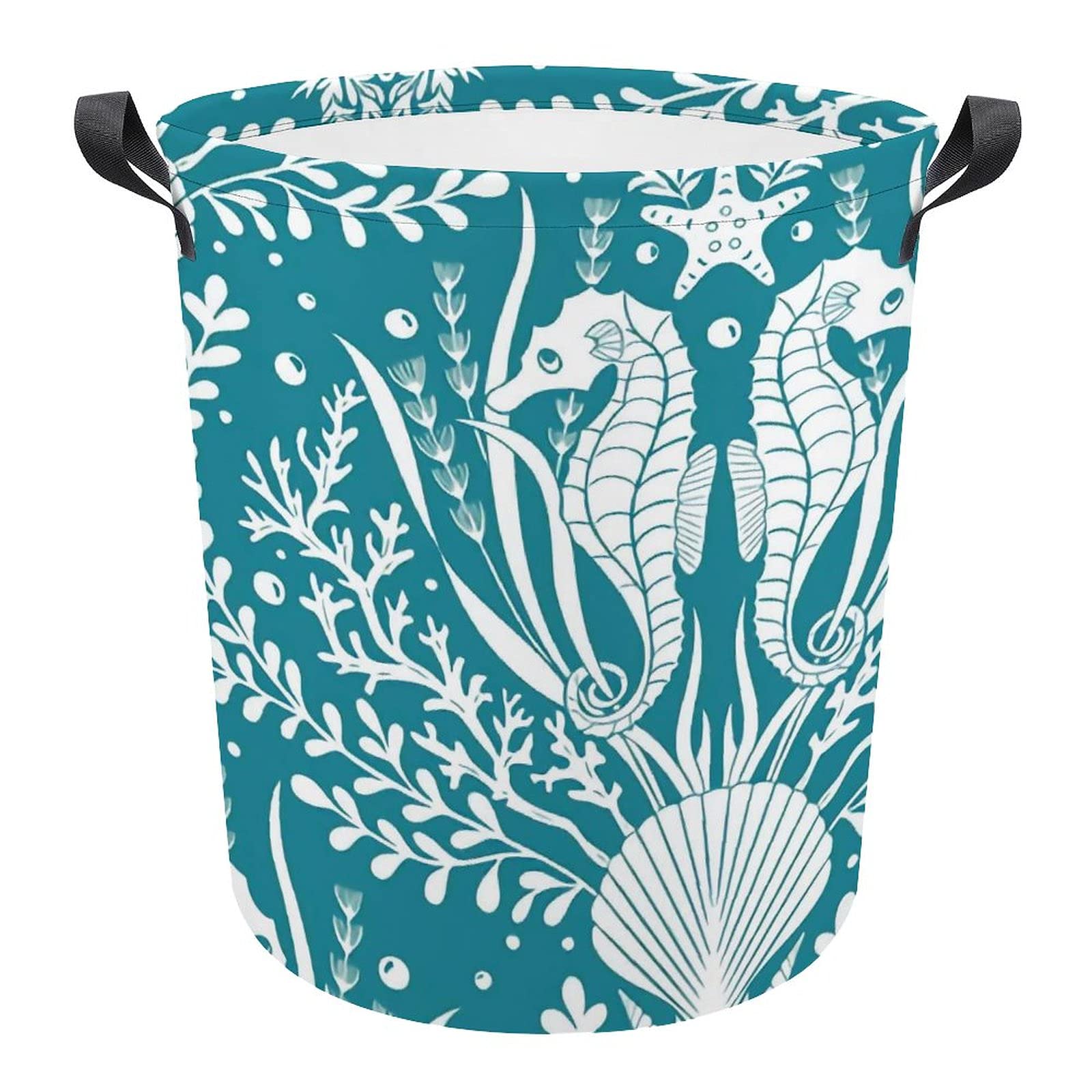 Foldable Laundry Hamper Basket - White & Teal Seahorse Design for Bedroom, Bathroom, Baby Clothes & Toy Storage | Space-Saving Organizer for Home, Dorm & Travel