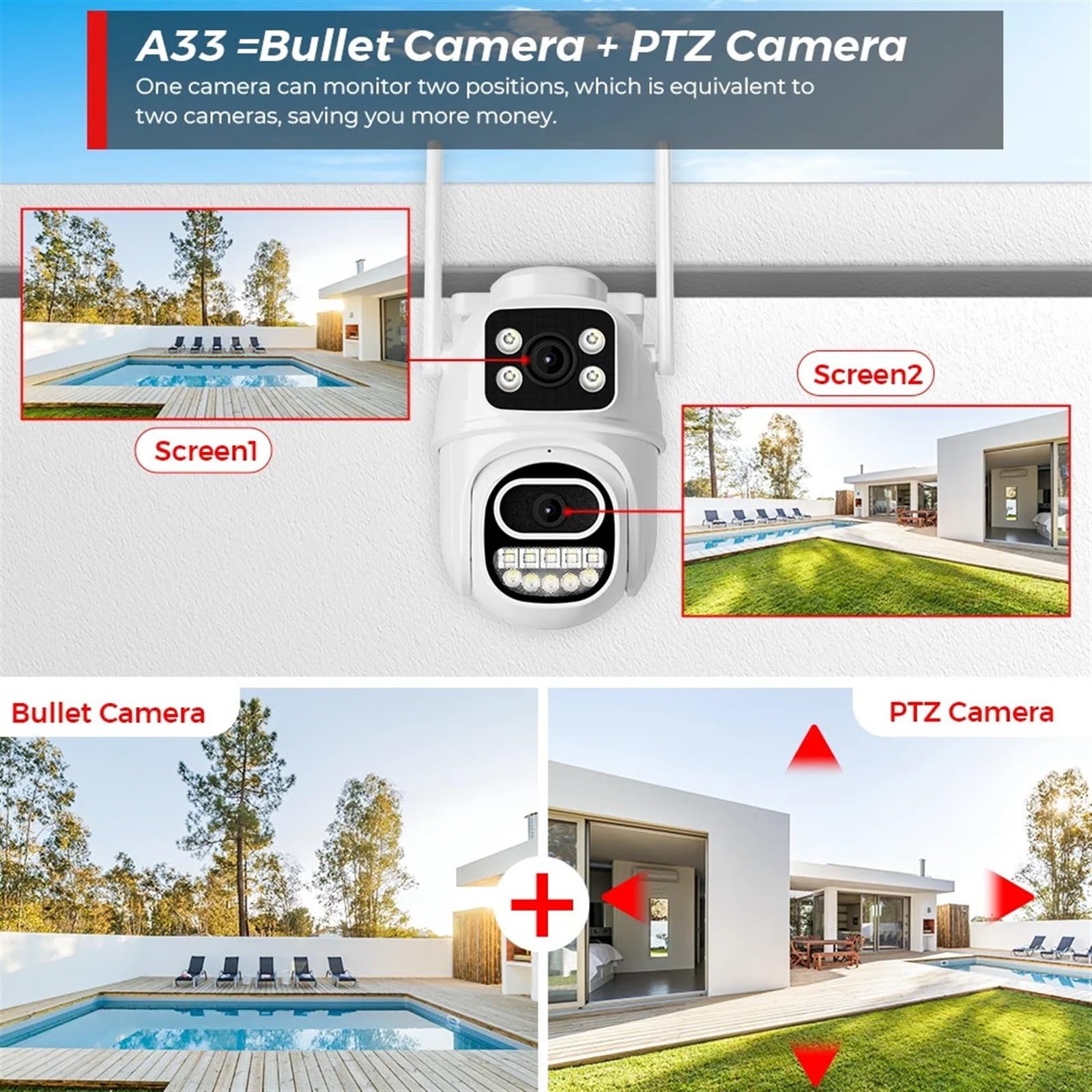 8MP PTZ Security Camera with 4K Resolution, Auto Tracking & Night Vision - Outdoor IP Camera with Dual Screen, Audio, P2P & 128GB Card - Ideal for Home Security, Business Surveillance & Property Monitoring