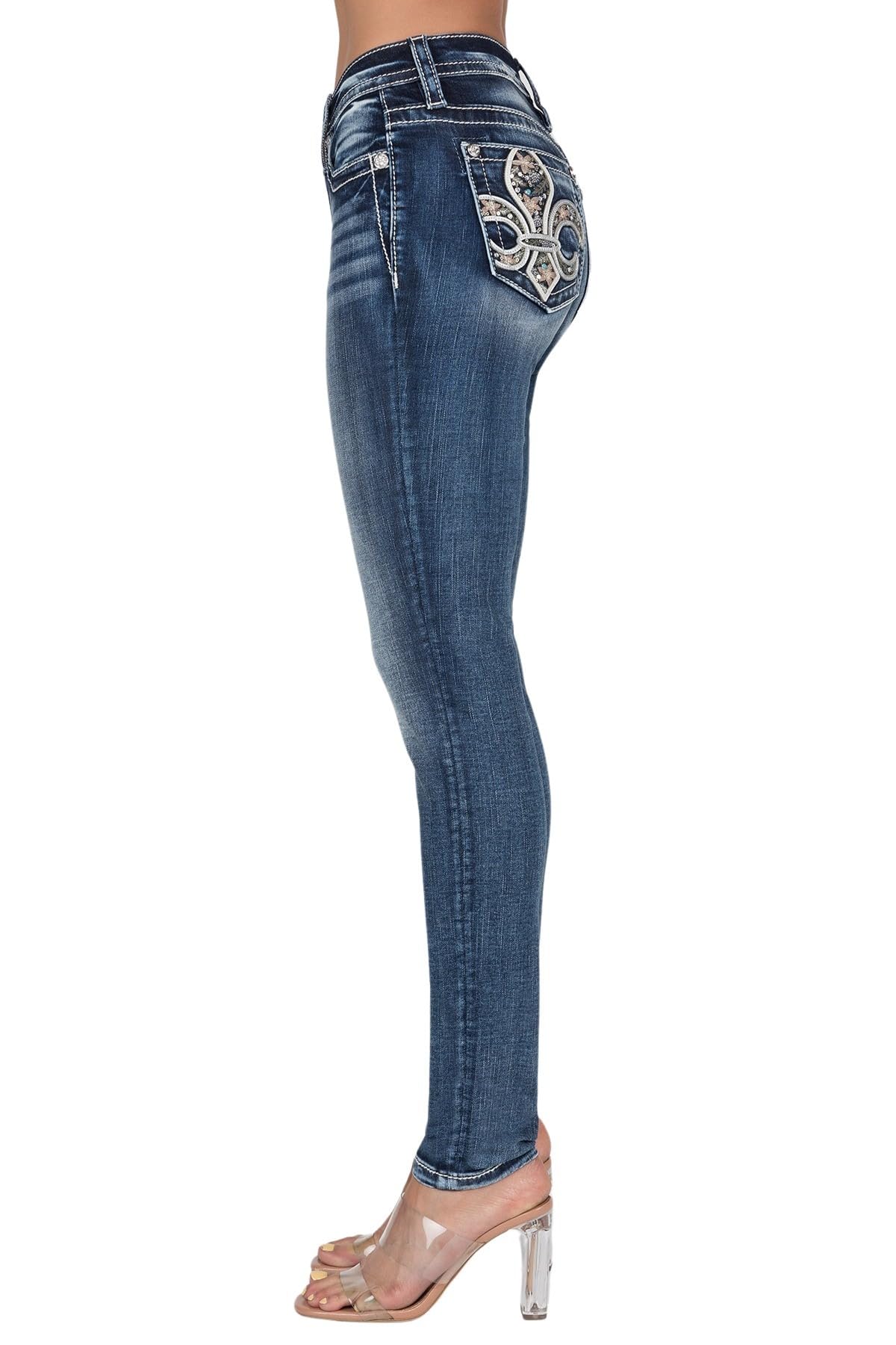 Miss Me Women's Garden Fleur De Lis Embellished Pocket Skinny Jeans - Mid Rise Stretch Denim Pants for Casual Wear & Date Night Outfits