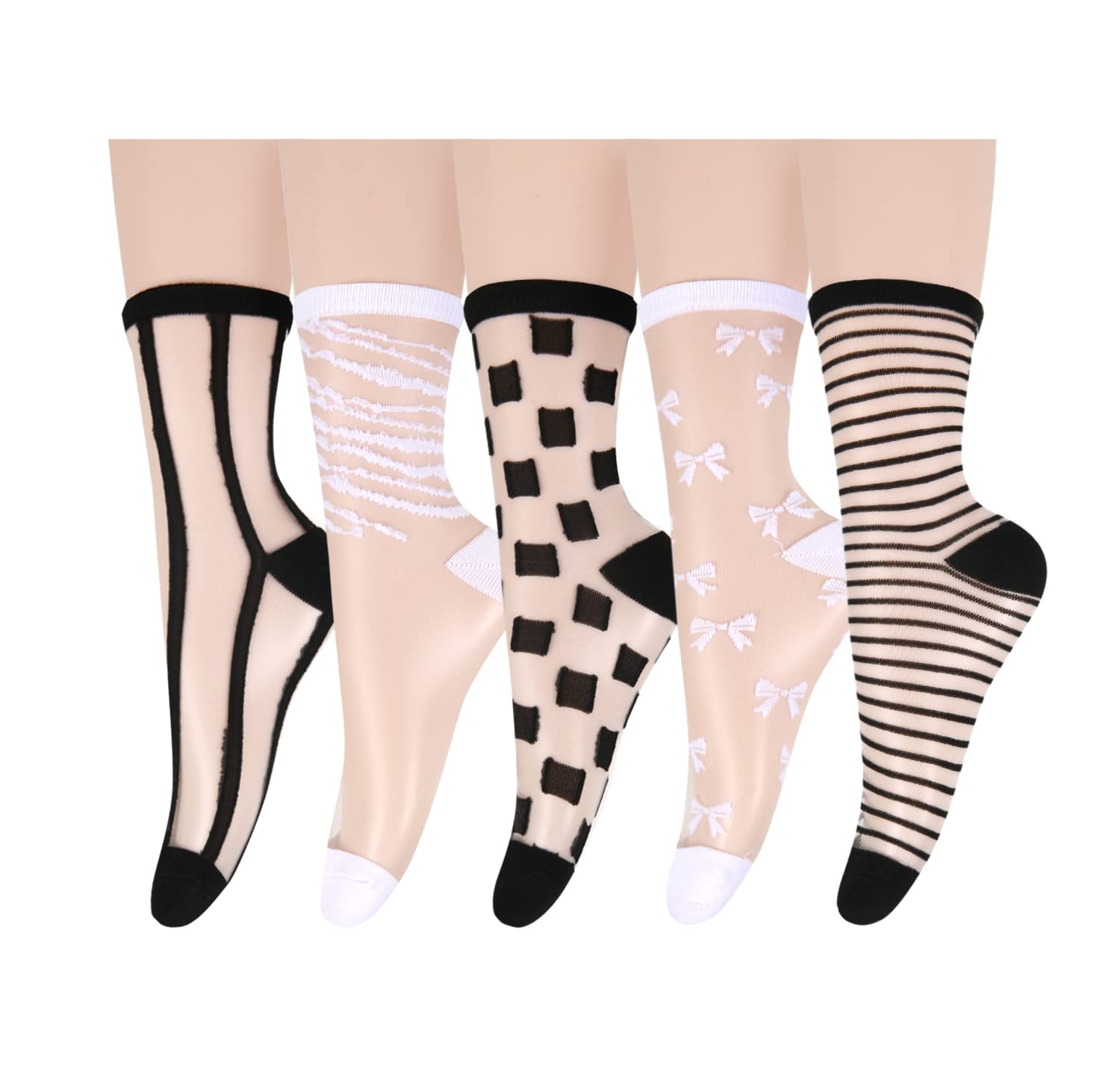 Suluia Women's Black & White Sheer Socks - Thin Transparent Mesh Nylon Crew Socks with Elastic Comfort - Perfect for Summer, Office, Casual Wear & Gift Giving