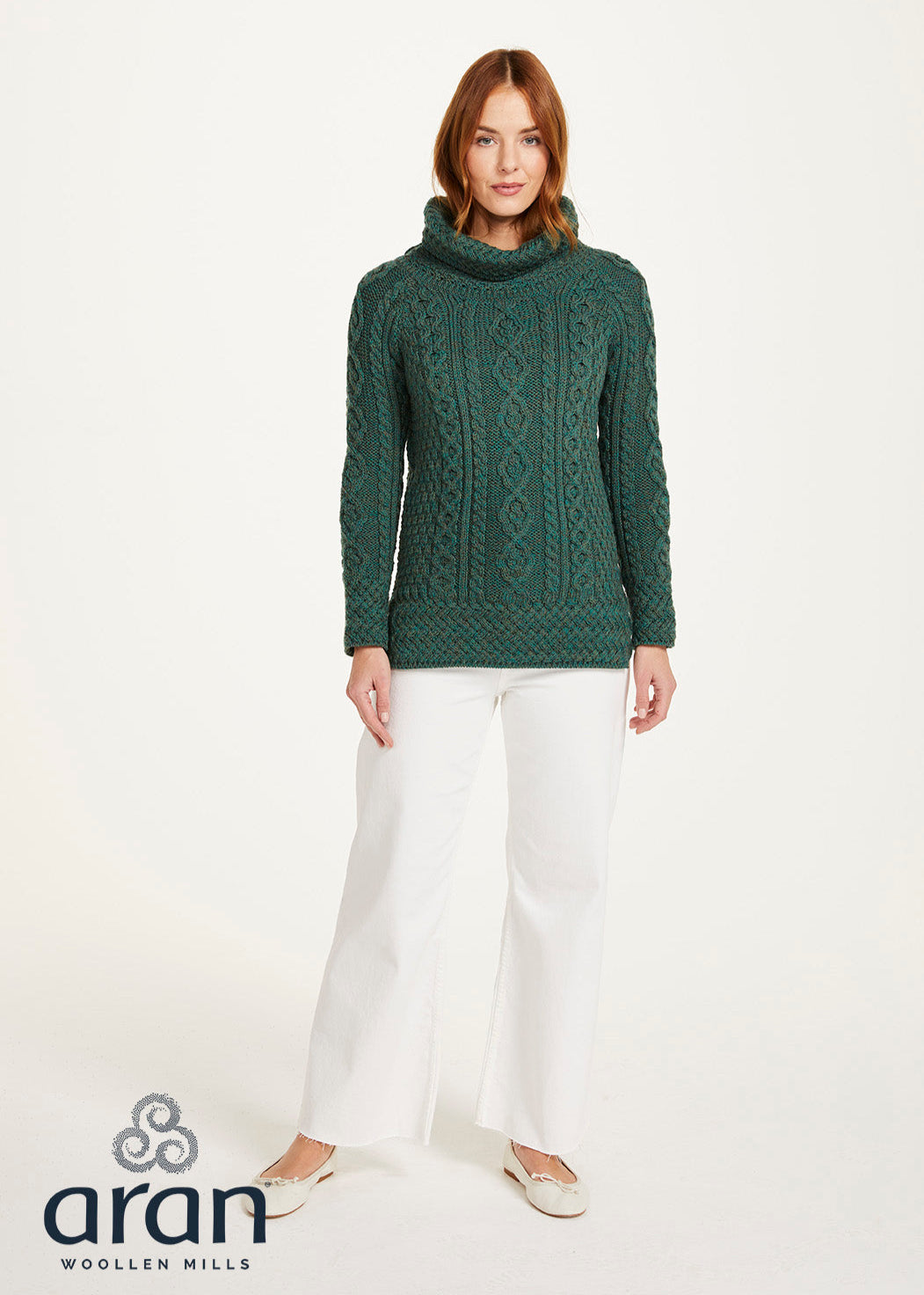 Belcare Women's Aran Roll Neck Sweater - Soft Chunky Knit Irish Wool Pullover for Winter | Connemara Green | Perfect for Cold Weather, Office Wear & Casual Outfits
