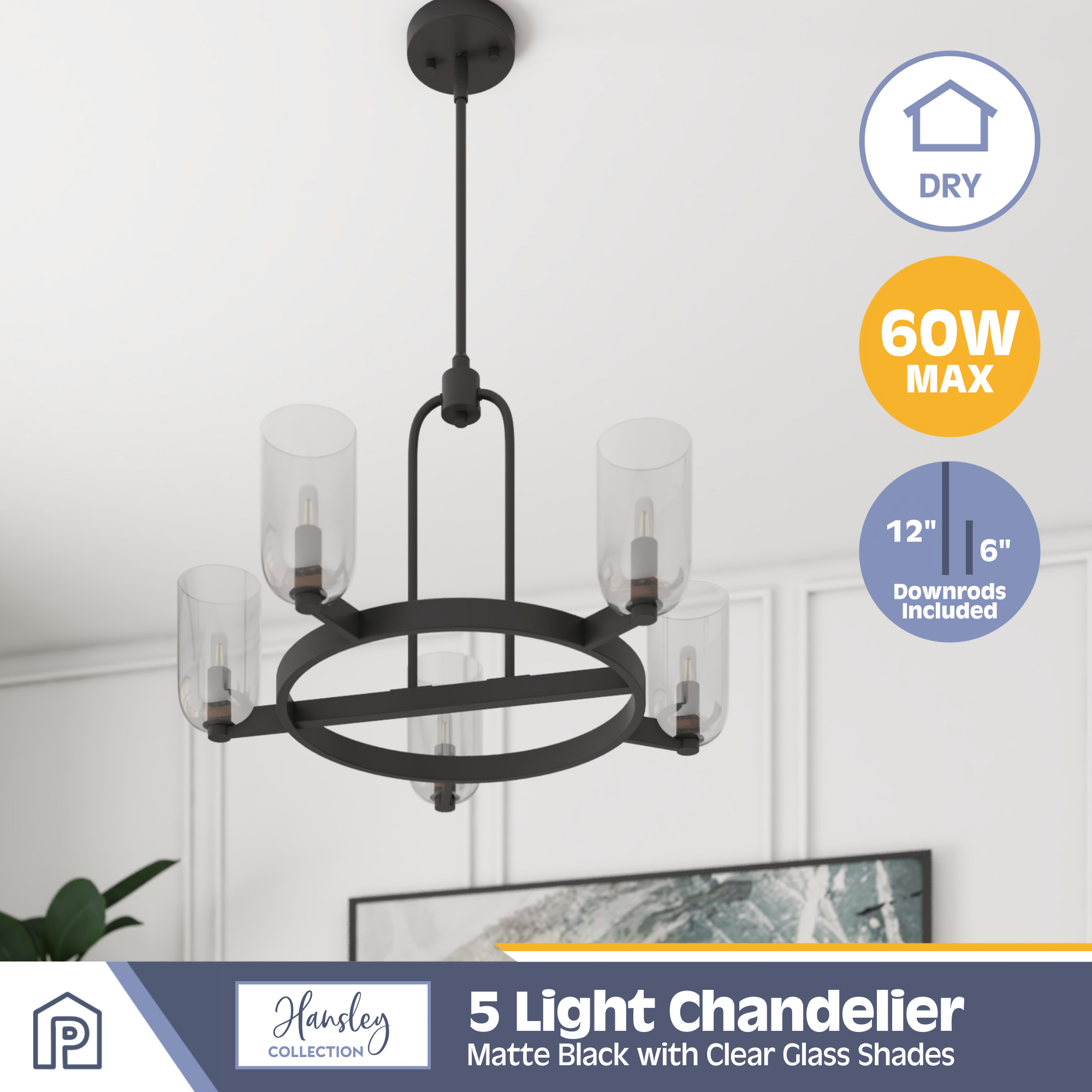 5-Light Hansley Chandelier in Matte Black with Clear Glass Shades - Perfect for Dining Room, Living Room, and Bedroom Lighting