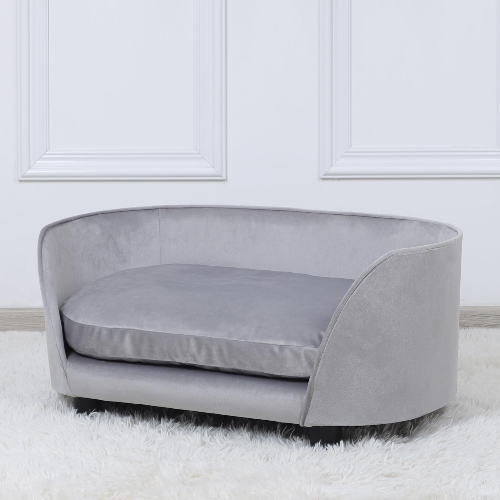 Premium Wooden Pet Sofa Bed - Washable Velvet Couch for Small Dogs & Cats - Cozy Pet Bed with Removable Cushion & Sturdy Frame (Grey) - Perfect for Living Room, Bedroom or Pet Corner