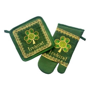 Shamrock Spiral Oven Mitt & Pot Holder Set - Heat Resistant Kitchen Gloves for Baking, Cooking & Grilling - Perfect for St. Patrick's Day & Irish-Themed Kitchen Decor