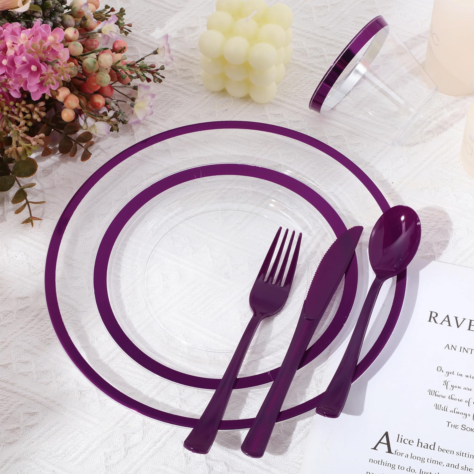 Roshtia 300-Piece Clear Plastic Dinnerware Set for 50 Guests - Disposable Plates, Cups, Cutlery (Knives, Forks, Spoons) for Birthday, Wedding & Party Events - Elegant Rim Design (Purple) - Perfect for Catering, BBQs, Picnics & Large Gatherings