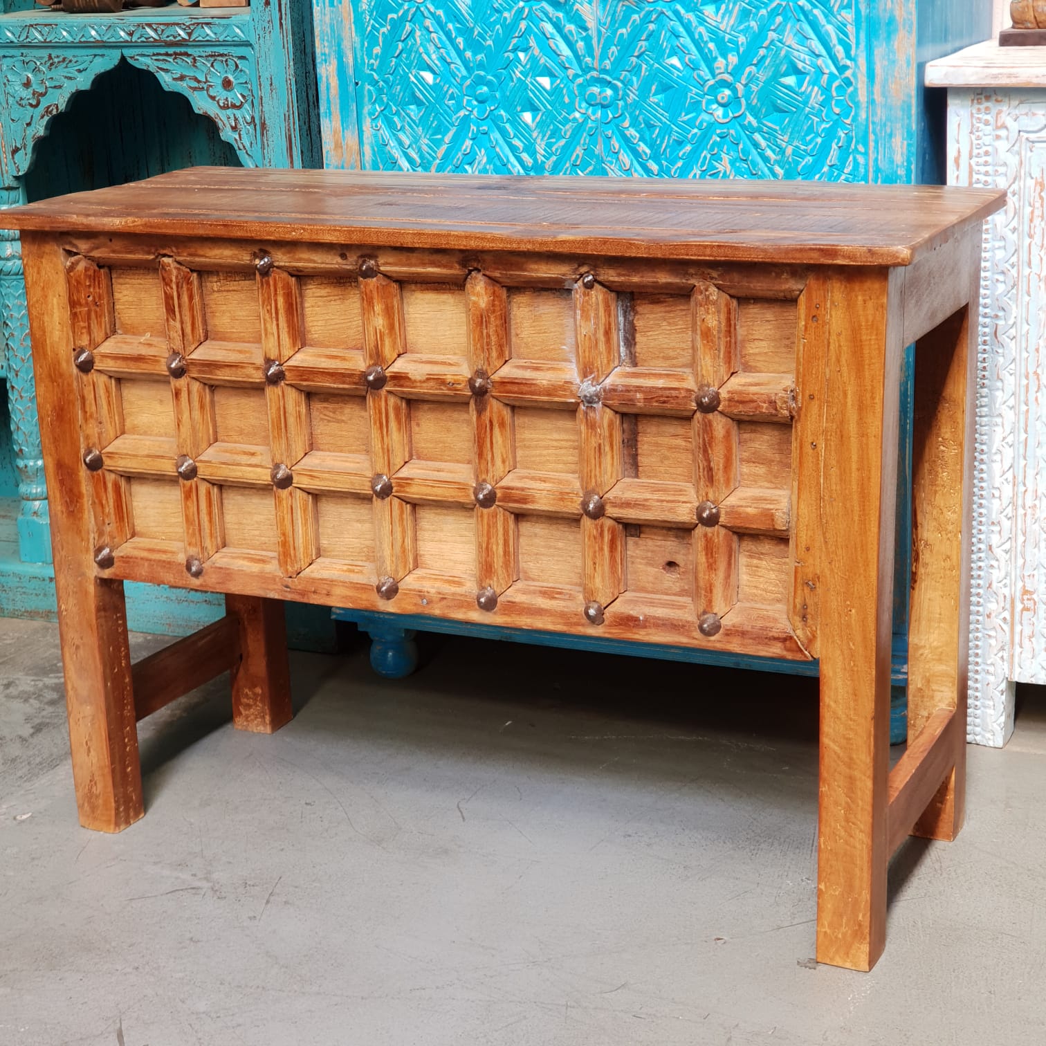 Handmade Carved Solid Hardwood Console Table with Iron Fittings - Rustic Entryway Table for Hallway, Living Room & Farmhouse Decor