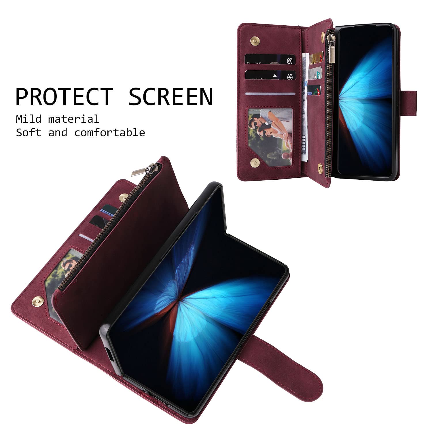 Samsung Galaxy Z Fold 4 Magnetic Leather Wallet Case with 6 Card Slots & Hand Strap - Shockproof Flip Cover with Zipper Pocket & Stand Feature for Z Fold 4 - Perfect for Business, Travel & Daily Use (Red)