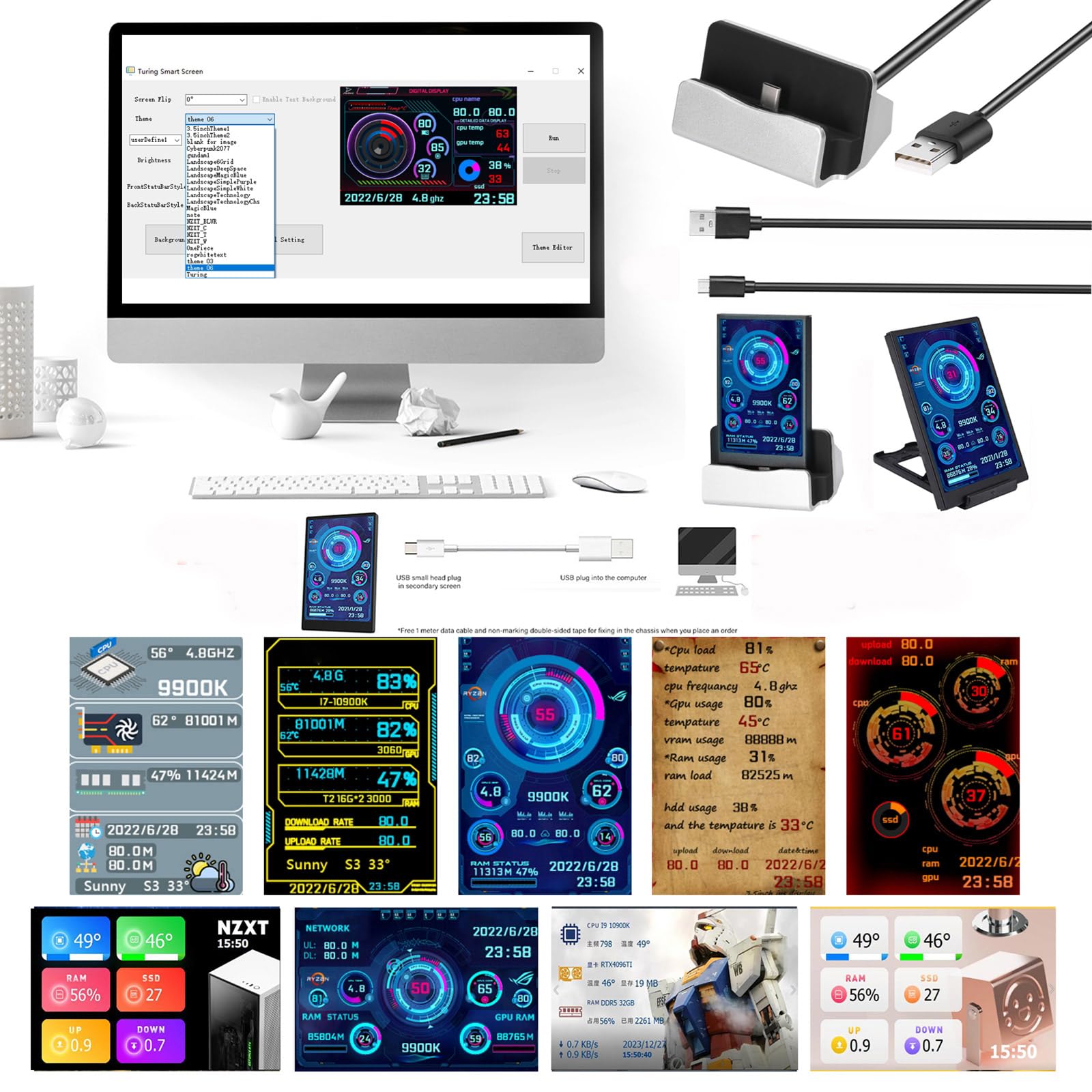 5 Inch USB-C Secondary Screen for PC - Small Desktop Computer Temperature Display Monitor | Dual Screen Setup for Visual Design Editing & PC Case Monitoring