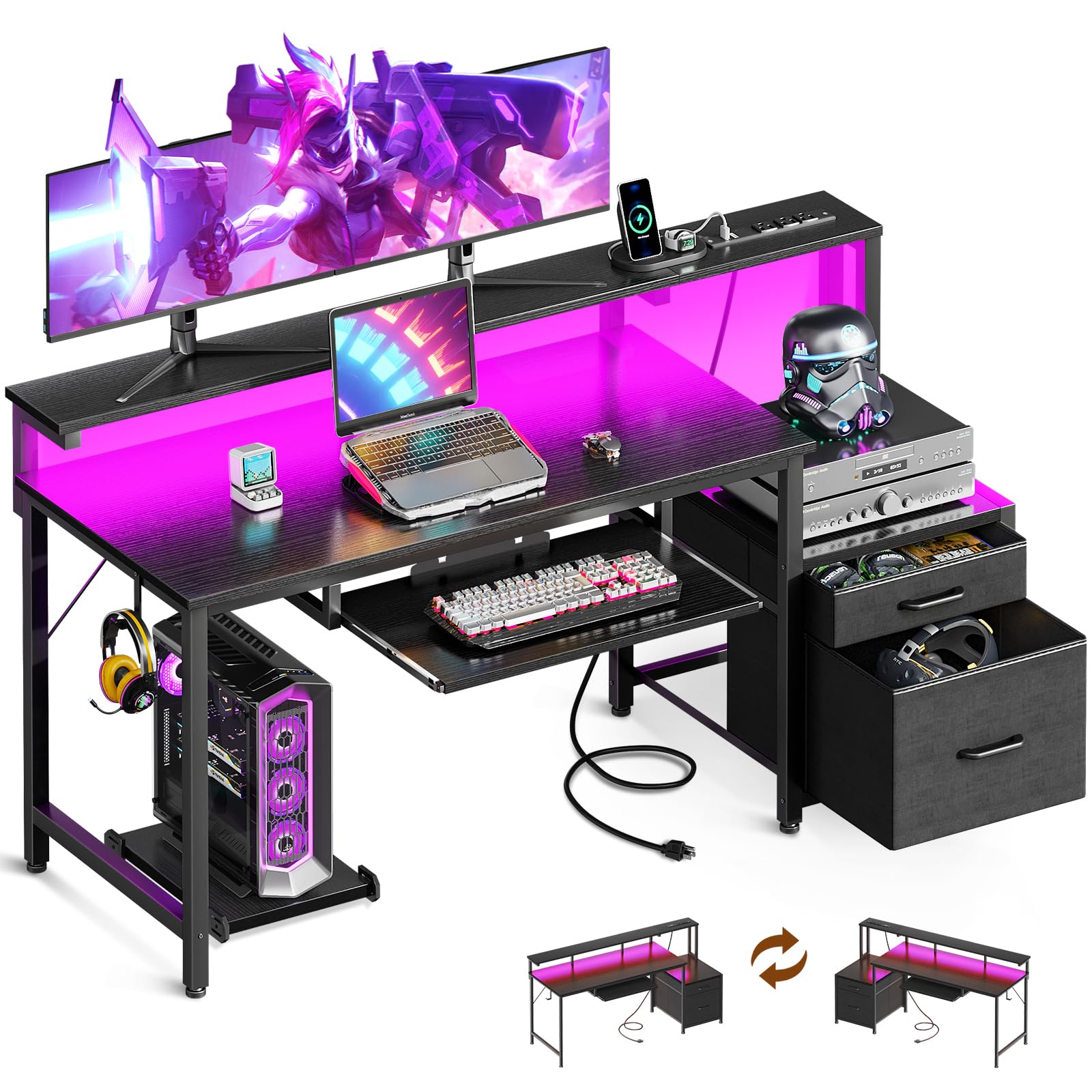 AODK 55-Inch Gaming Desk with Power Outlets & LED Lights - Reversible Computer Desk with Fabric Drawer, File Cabinet & Keyboard Tray - Ergonomic PC Workstation with Monitor Riser Stand - Perfect for Home Office, Gaming Setup & Streaming Studio (Black)