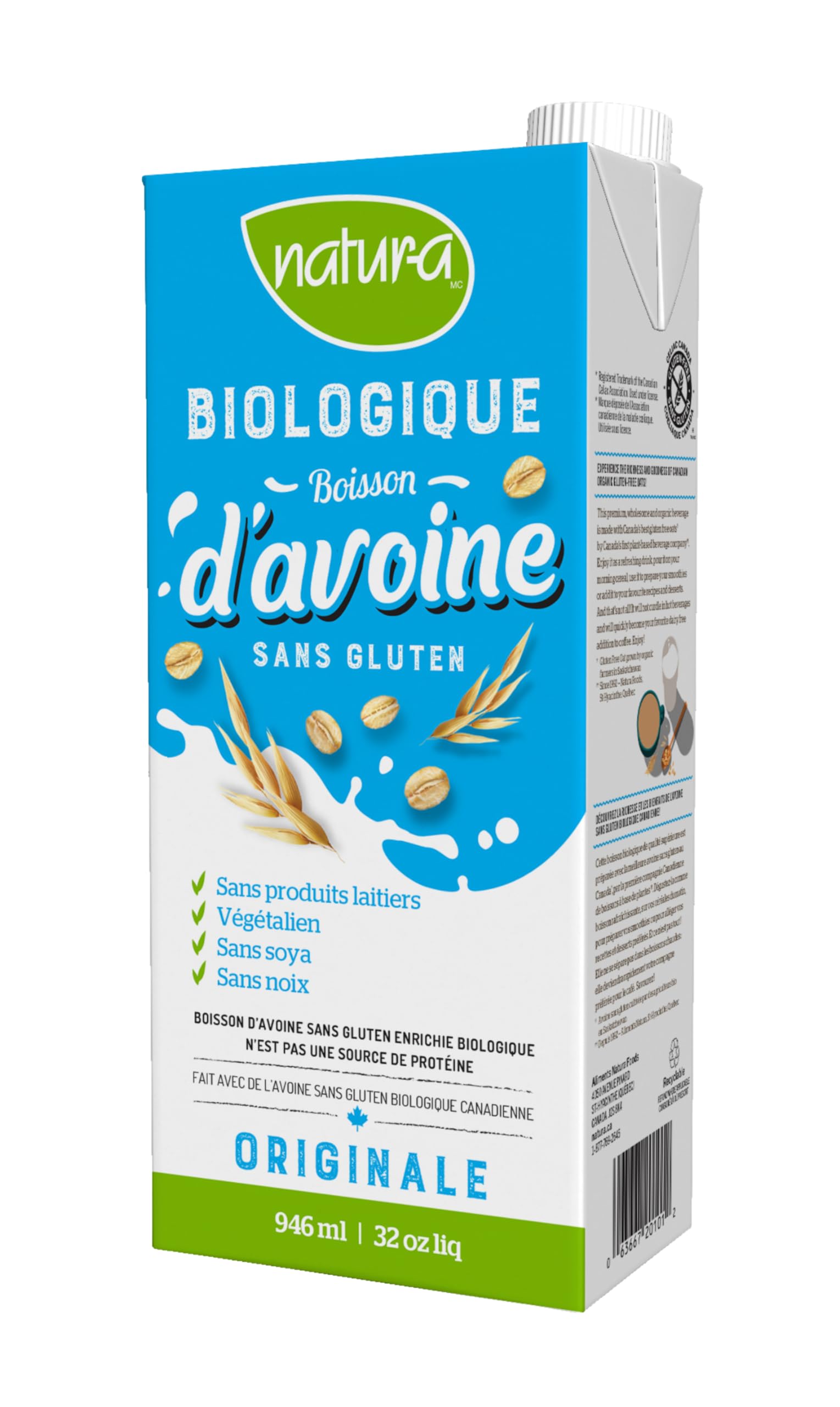 Organic Oat Milk - NATURA Original, Gluten Free, Dairy Free, Vegan, Non-GMO, Shelf Stable Plant Based Beverage | 946ml | Perfect for Coffee, Smoothies & Baking - Made in Canada