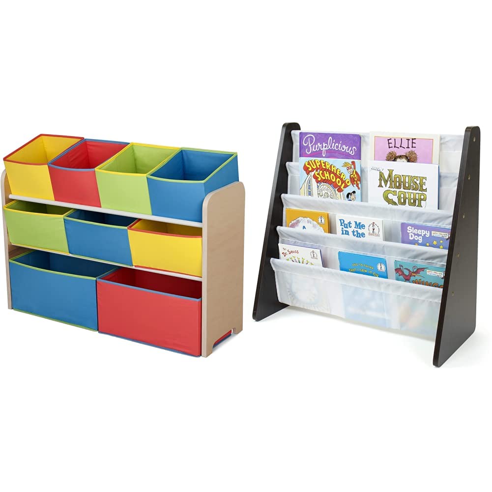 Lennox Maple & Espresso Wooden Toy Storage Organizer with Front-Facing Book Storage - Perfect for Kids' Room, Playroom, and Nursery Organization
