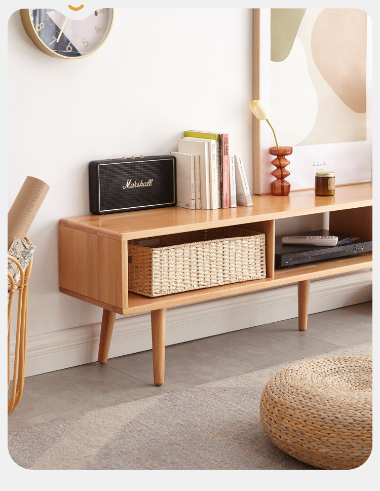 Solid Beech Wood TV Stand with Open Storage - Modern Entertainment Center for Living Room, Bedroom & Home Theater