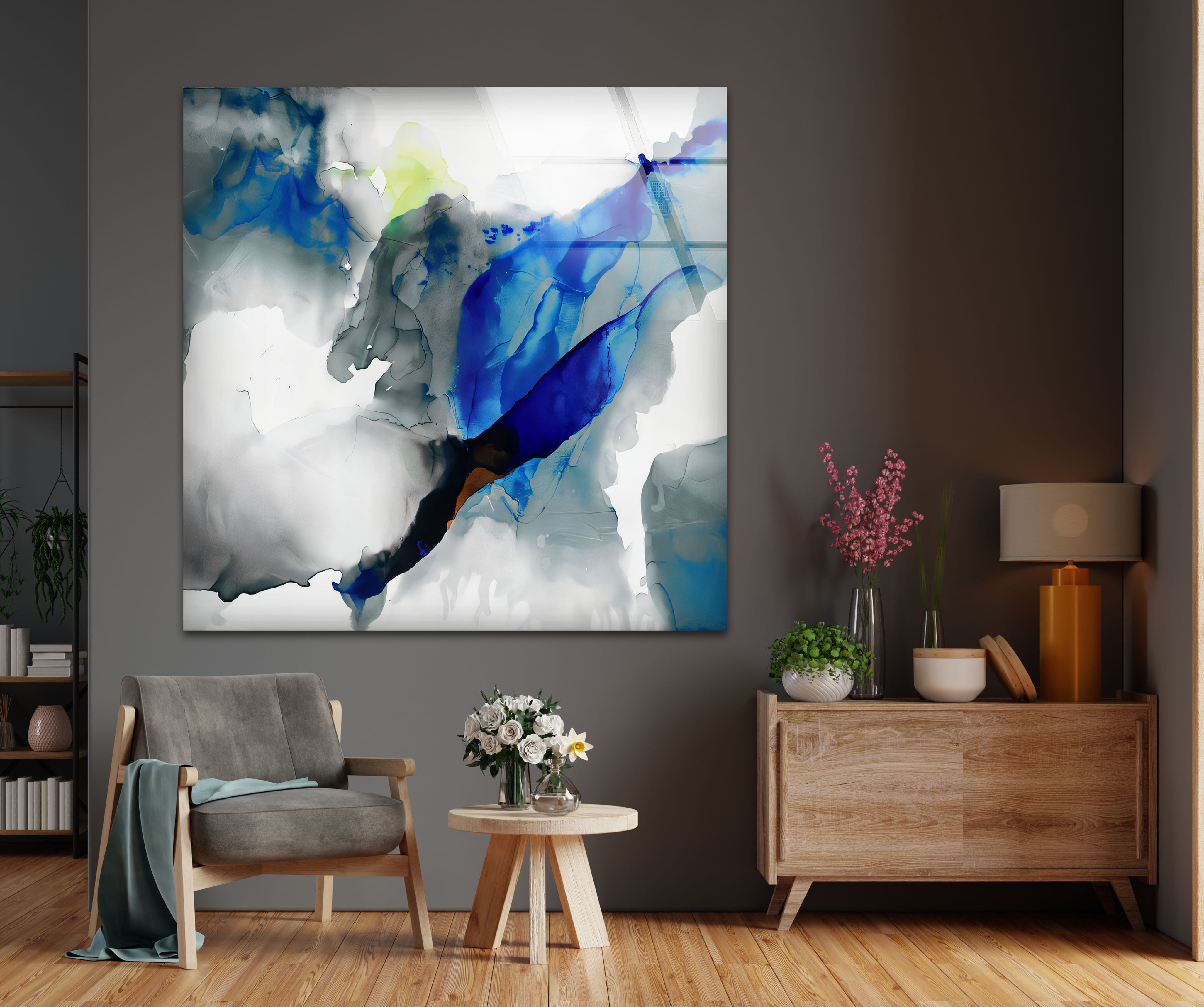 Azure Drift - Modern Abstract Blue Glass Wall Art Decor for Living Room, Bedroom & Office | Handmade Contemporary Artwork for Home & Office Interior Design
