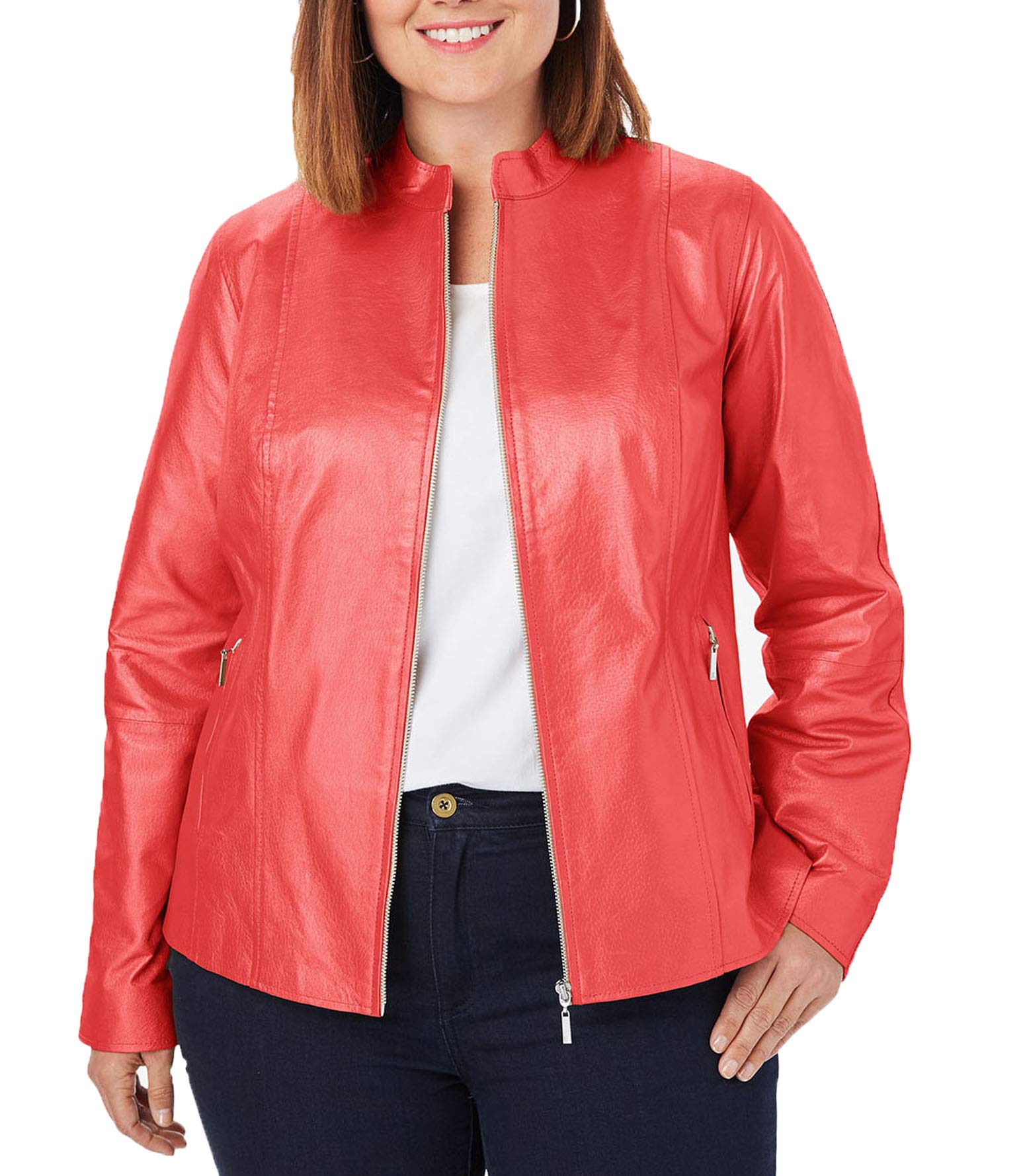 Women's Plus Size Leather Jacket with Band Collar - Premium Genuine Leather Biker Style Coat for Curvy Ladies | Perfect for Casual Outfits, Motorcycle Riding & Fall Fashion