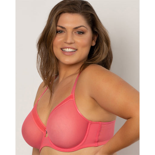 Curvy Couture Sheer Mesh Unlined Bra in Sun Kissed Coral - Comfortable Wireless Bralette for Everyday Wear, Yoga & Lounge