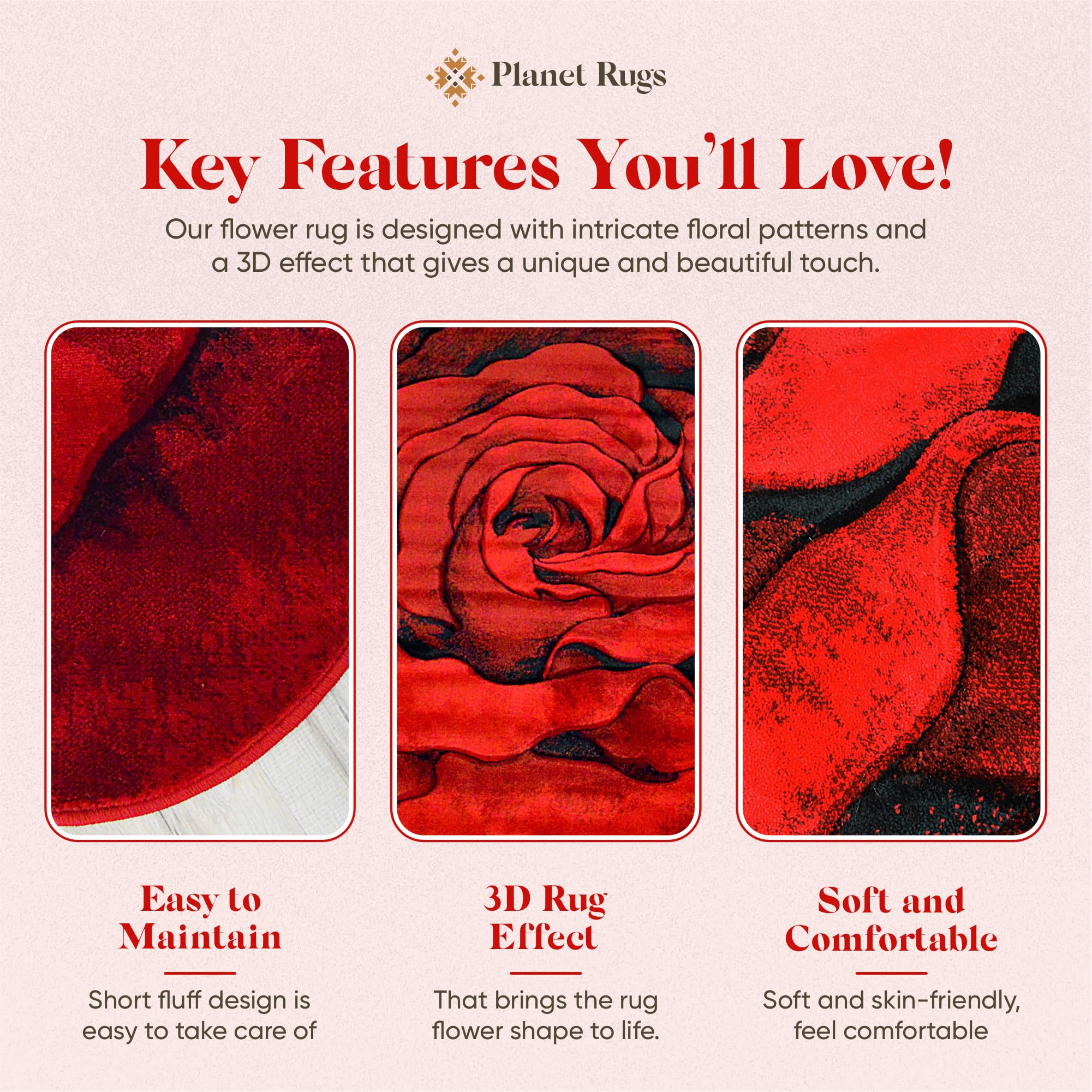 6ft Round Rose Area Rug - Plush Flower Shaped Circle Rug for Bedroom, Living Room - Soft Girly Carpet in 304 Red | Perfect for Boho Decor, Nursery Floor & Cozy Home Accent