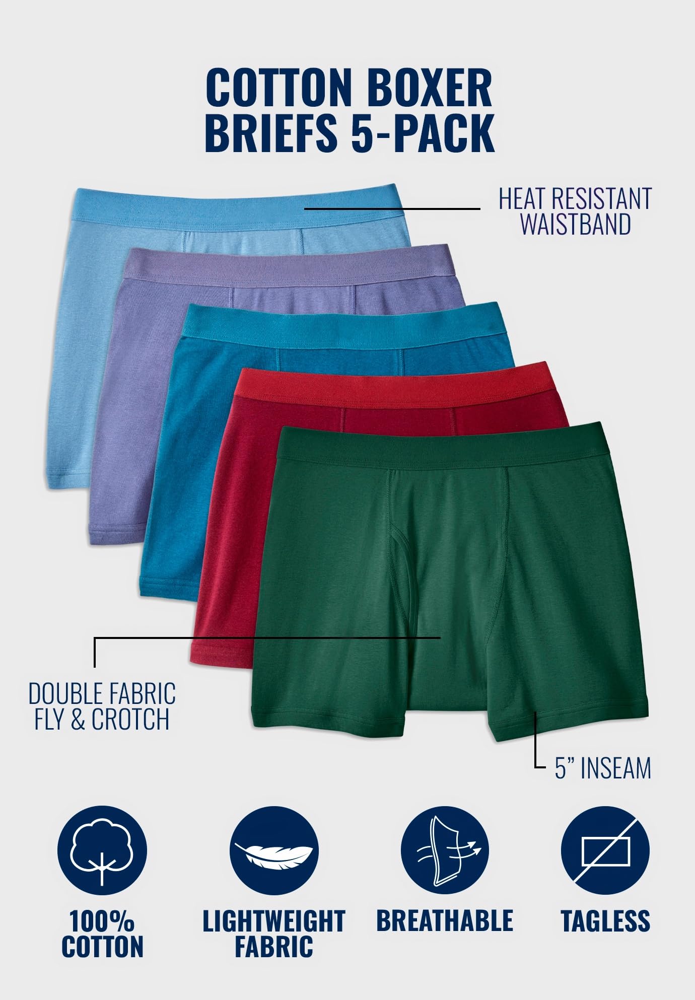 KingSize Men's Big & Tall Cotton Boxer Briefs 5-Pack - Soft Breathable Underwear for Plus Size Men - Perfect for Workout, Daily Wear & Sleep Comfort