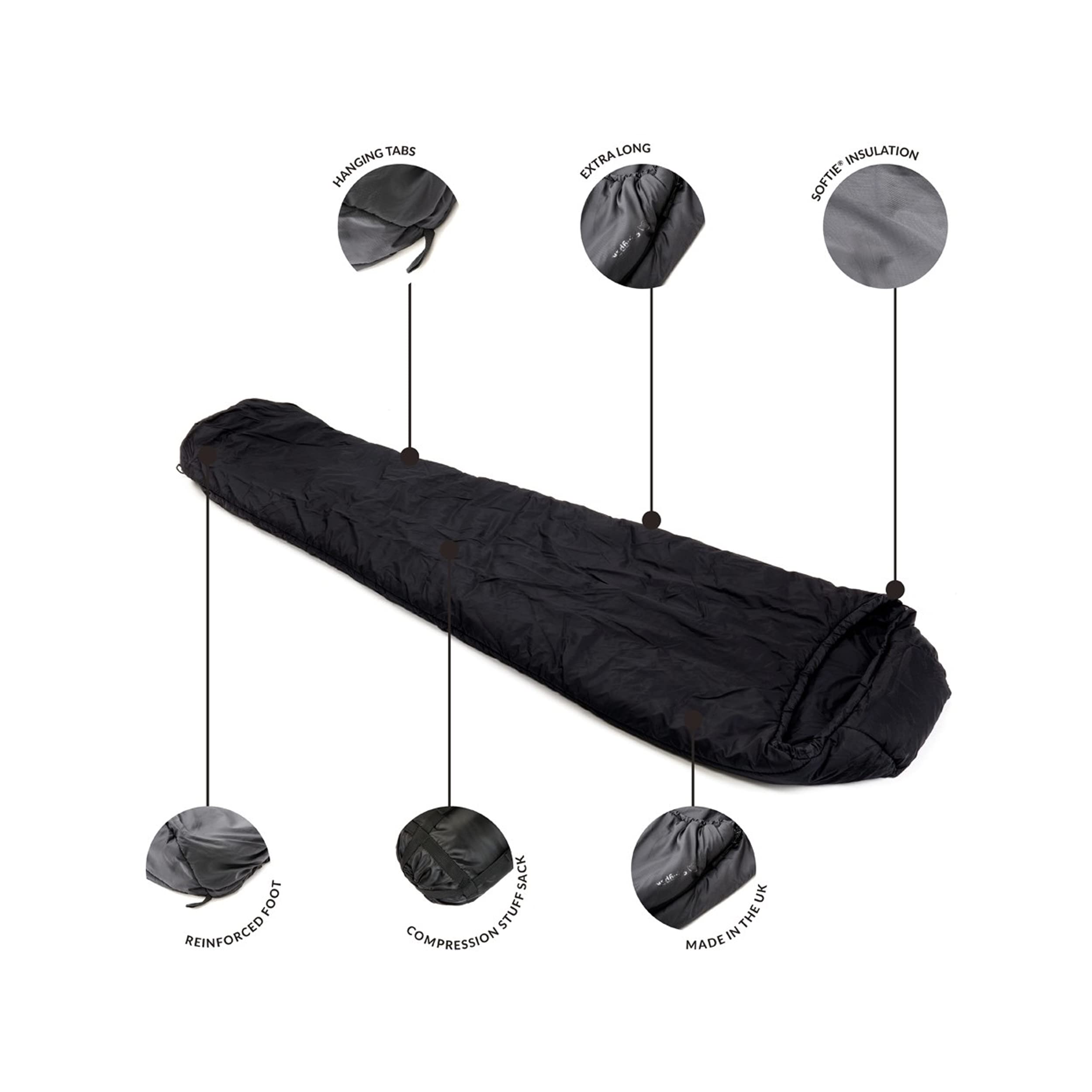 Snugpak Softie 3 Merlin Sleeping Bag - 41°F Lightweight Compact for Camping, Hiking & Backpacking - Black Sleeping Bag for Outdoor Adventures