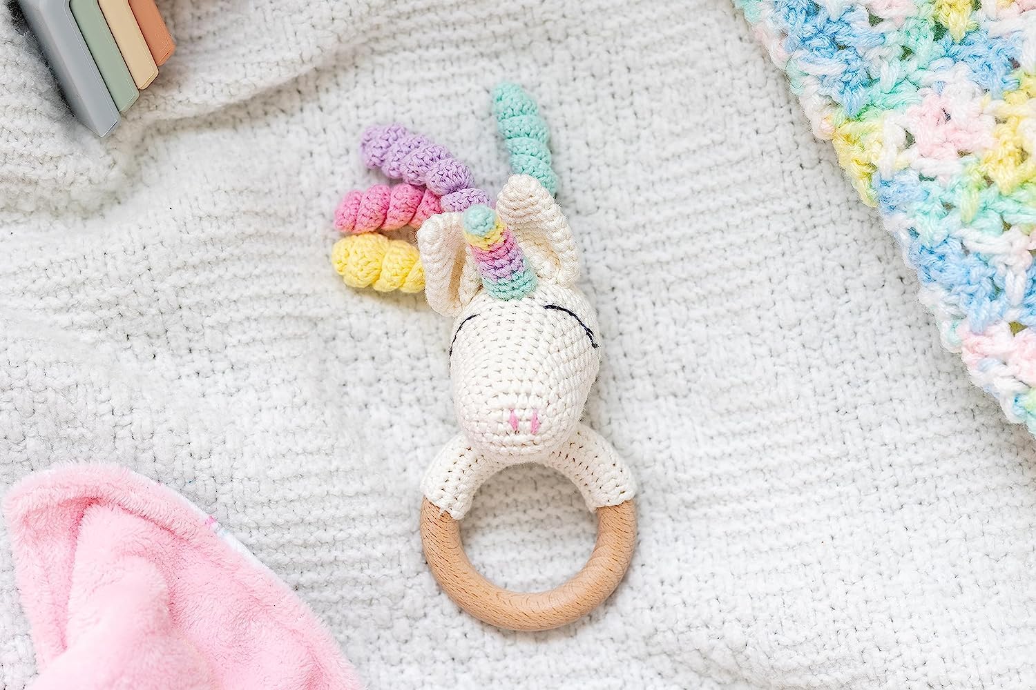 Personalized Crochet Unicorn Baby Rattle with Name & Wooden Teether Ring - Gender Neutral Newborn Gift for Baby Boy or Girl - Perfect Baby Shower Present with Gift Bag - Ideal for Nursery Decor, Playtime & First Teeth Relief