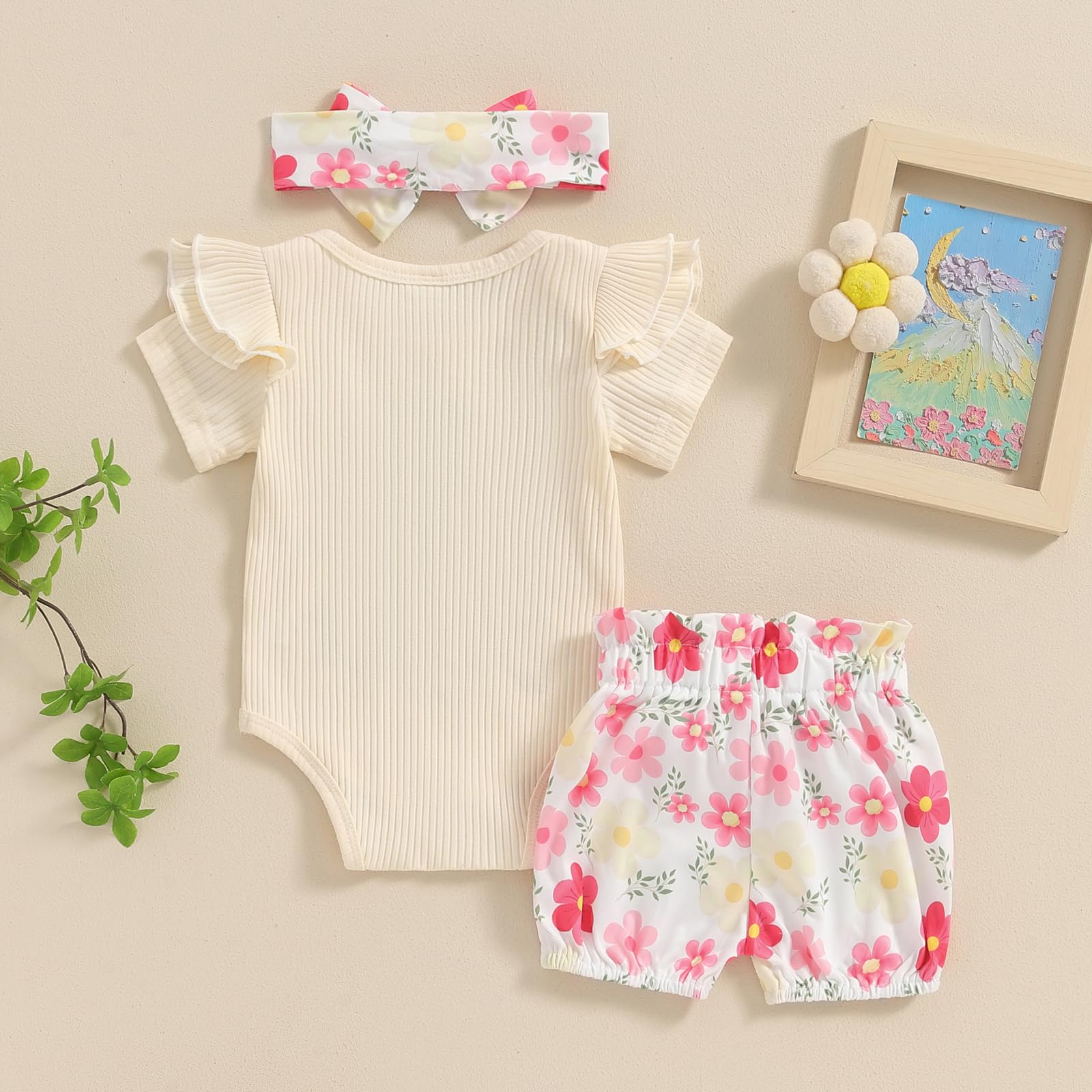 Newborn Baby Girl Outfits - Short Sleeve Ribbed Romper with Floral Shorts & Headband - Cute Auntie's Bestie Gift Set for Photoshoot, Birthday & Special Occasions