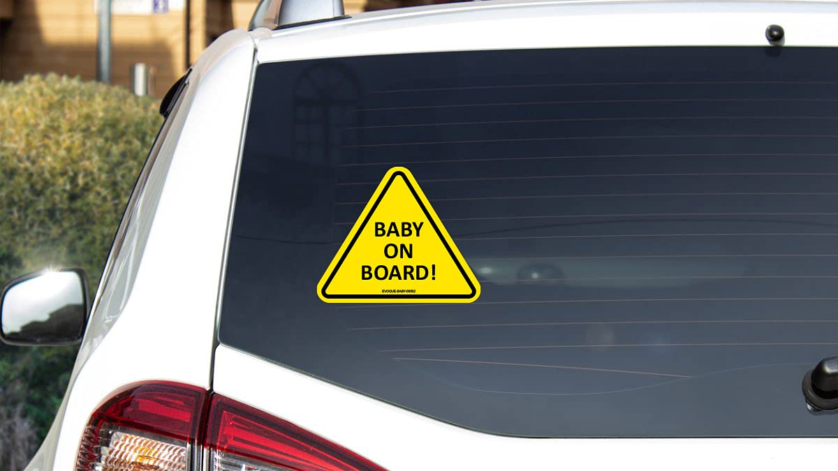 Evoque Baby on Board Car Sticker - 5” x 6” Vinyl Decal with Strong Adhesive, No Suction Cups Needed, Heat Resistant for Baby Safety (Pack of 2) - Perfect for Family Cars, SUVs and Minivans